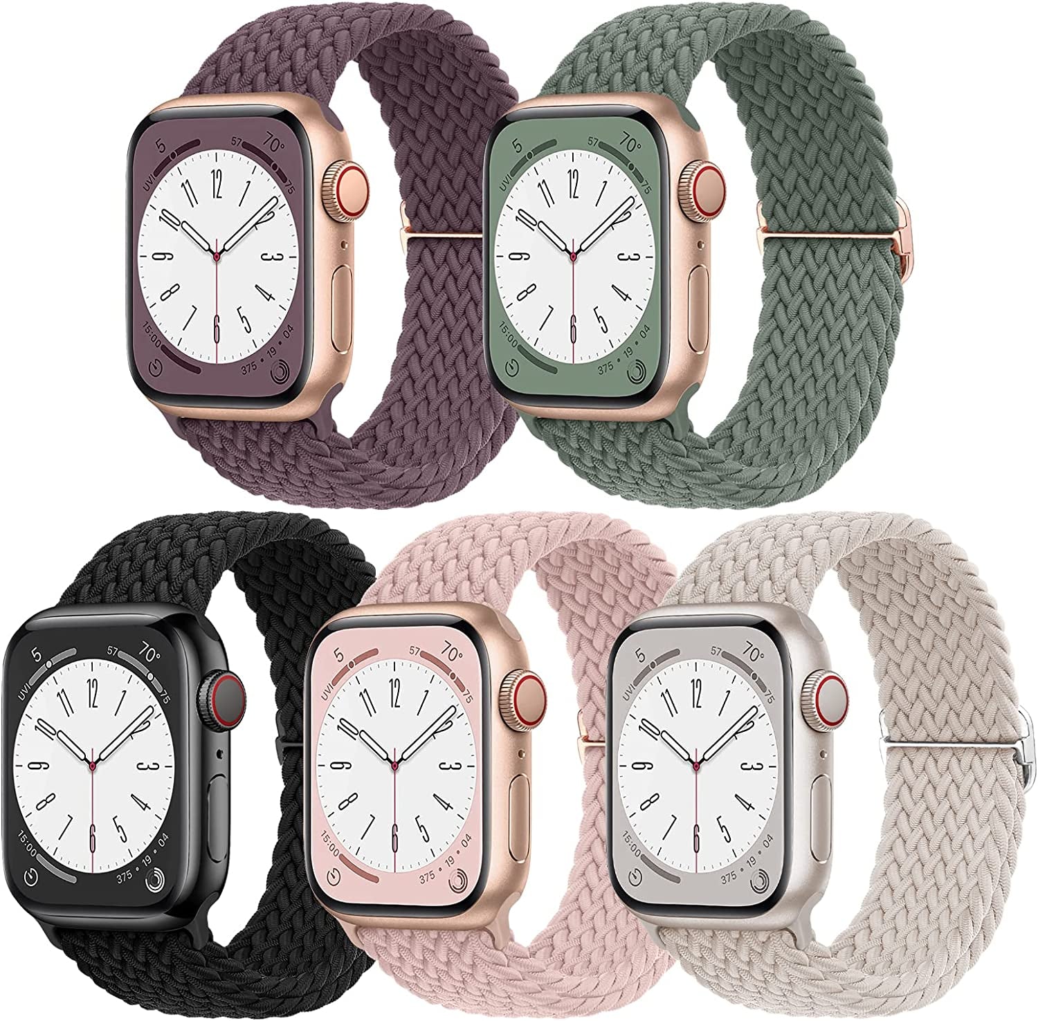 EOMTAM 5 Pack Braided Stretchy Adjustable Straps Compatible for Apple Watch Band 38Mm 40Mm 41Mm 42Mm 44Mm 45Mm 49Mm for Women Men ,Sport Elastic Nylon Cloth Wristbands for Iwatch Series Ultra 8 SE 7 6 5 4 3  EOMTAM Starlight-Silver/Smoke Violet/Olive Green/Pink Sand/Black 38MM/40MM /41MM 