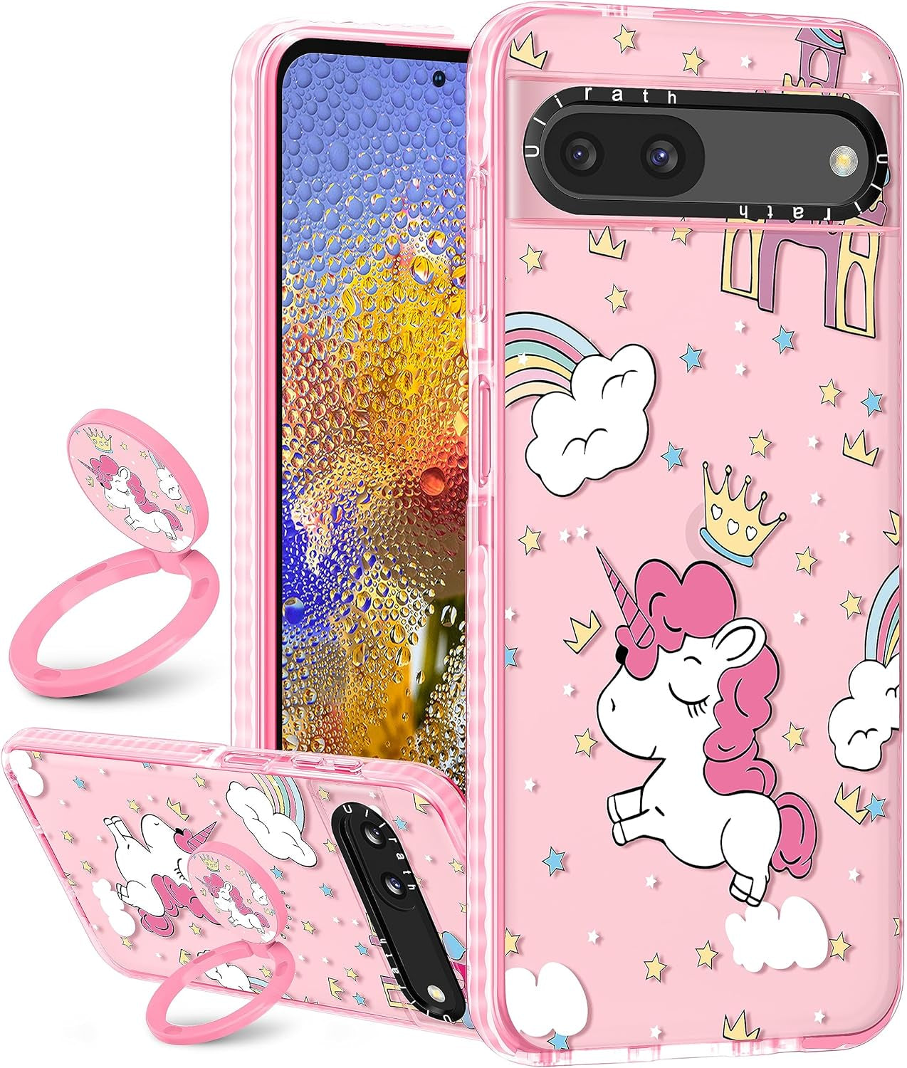 Ulirath (2In 1 for Pixel 6A Case Cute Cartoon Character Design for Girls Kids Boys Teens Women Girly Cover Kawaii Cool TPU Cases with Ring Holder for Google Pixel 6A 6.1",Blue Kiss  Ulirath Pink Unicorn  