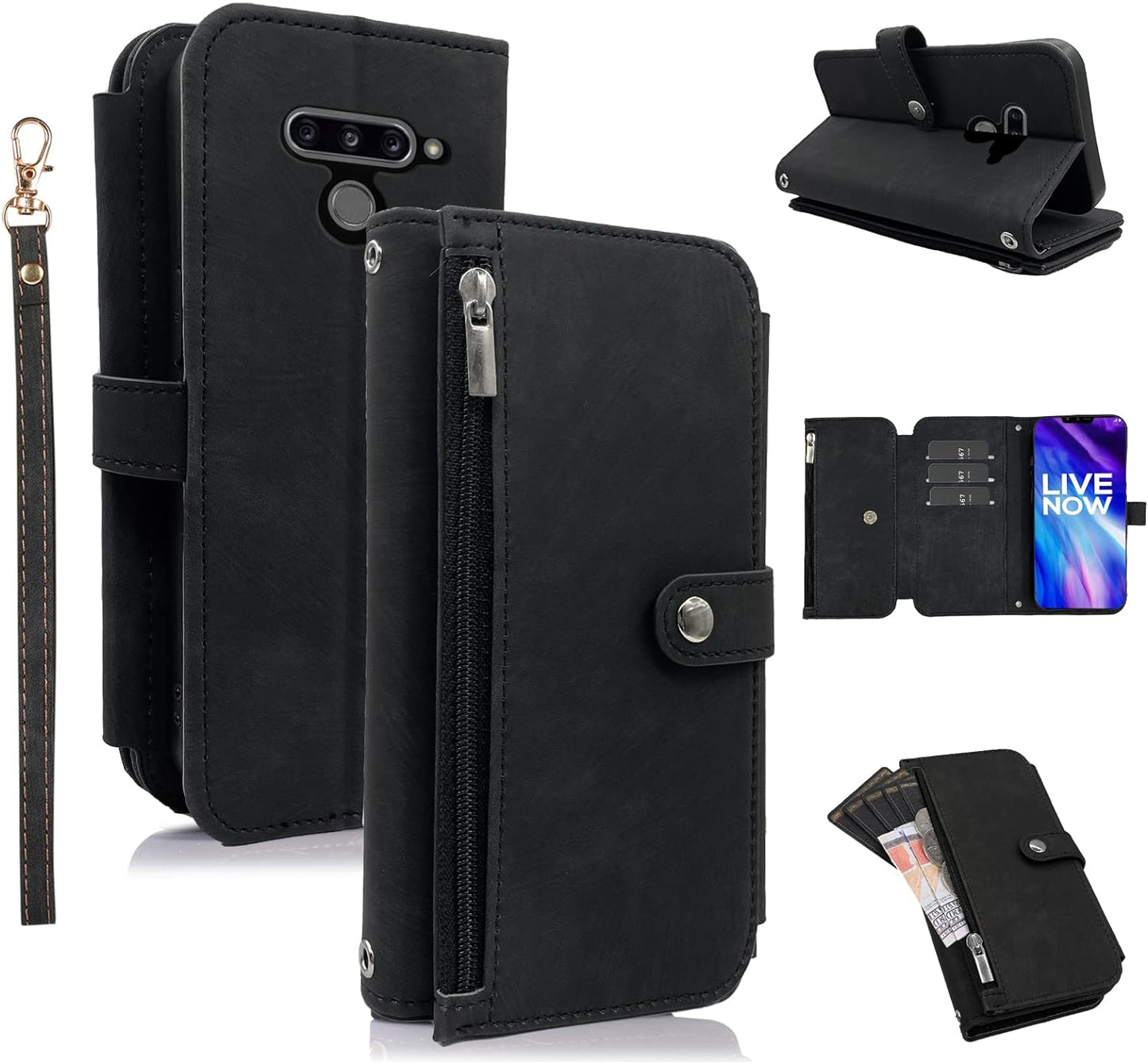 Compatible with LG V40 Thinq Wallet Case Flip Credit Card Holder Cell Phone Cover for Folio Purse Lanyard Wrist Strap Rugged Slot Mobile LGV40 Storm V 40 Thin Q V40Thinq LG40 40V 40Thinq Women Black  Furiet   