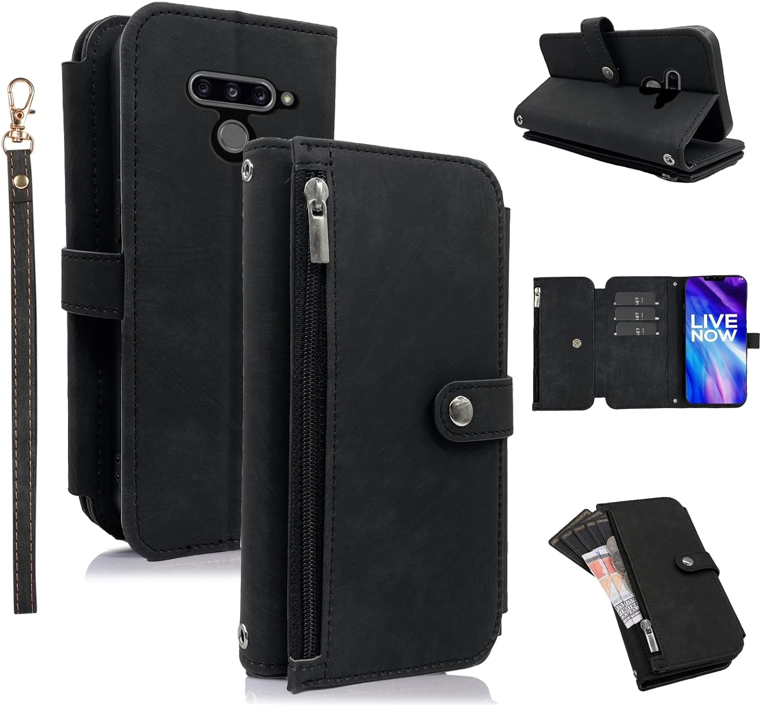 Compatible with LG V40 Thinq Wallet Case Flip Credit Card Holder Cell Phone Cover for Folio Purse Lanyard Wrist Strap Rugged Slot Mobile LGV40 Storm V 40 Thin Q V40Thinq LG40 40V 40Thinq Women Black  Furiet   