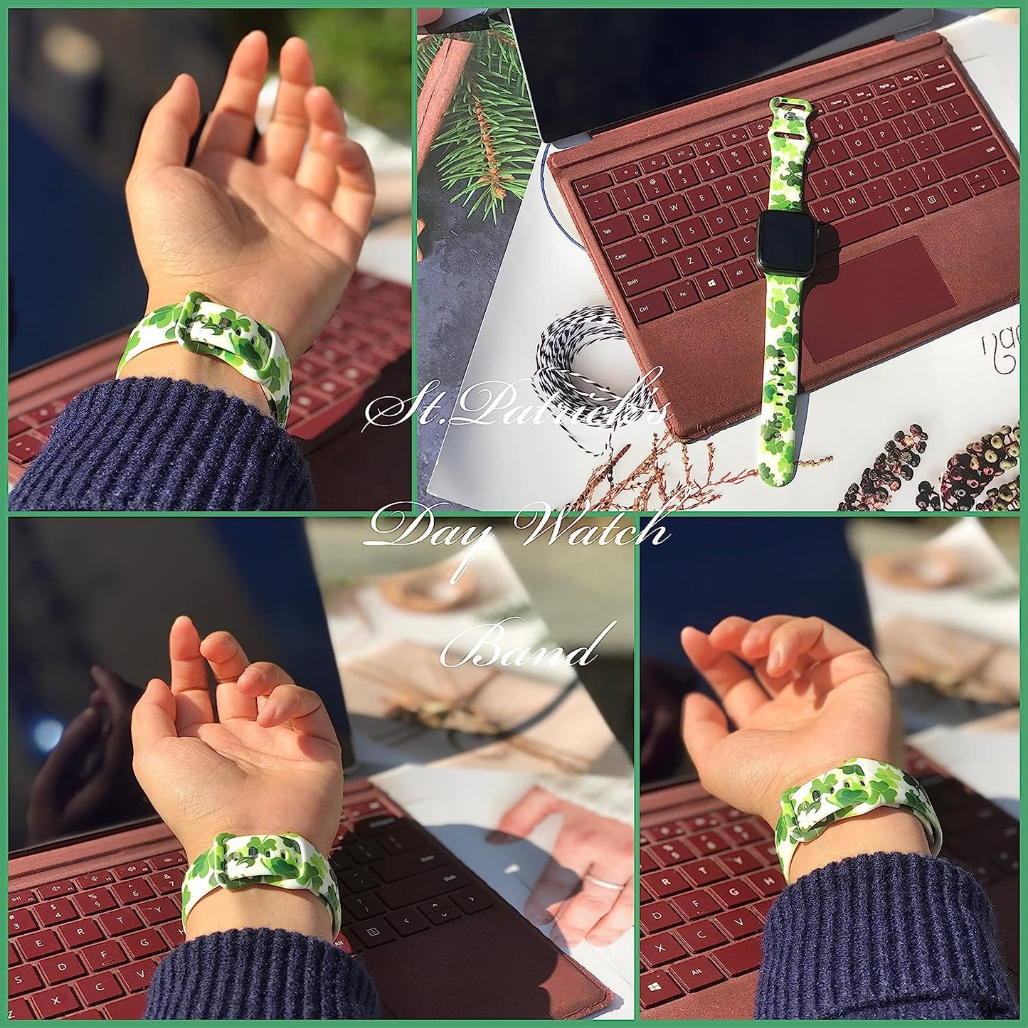 St. Patricks Day Watch Band Compatible with Apple Watch 38Mm 40Mm 41Mm 42Mm 44Mm 45Mm, Four Leaf Clover Shamrock Silicone Replacement Bands Wristbands Strap Compatible with All Iwatch Series  WANSENCE   