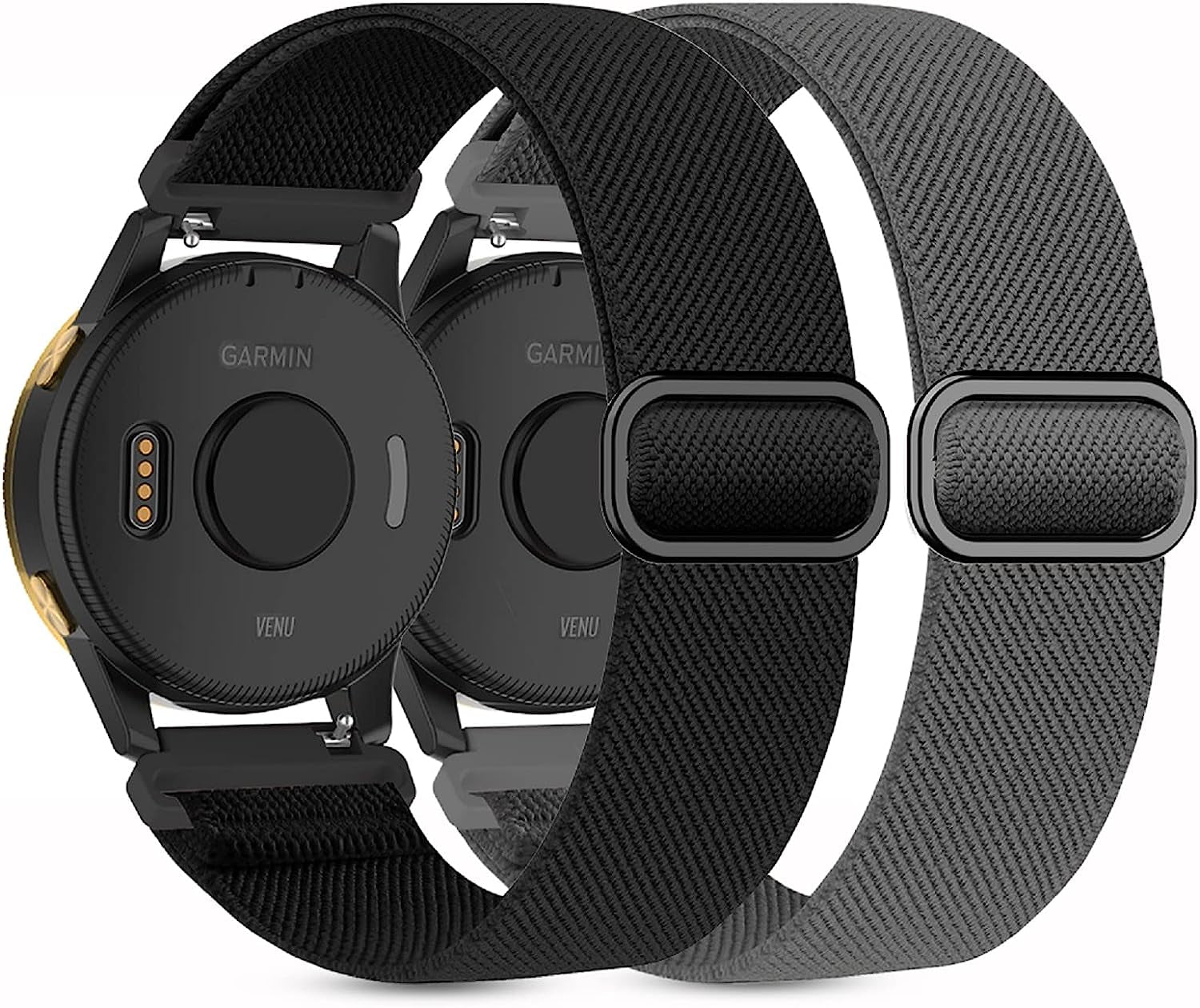 2 Pack Stretchy Nylon Watch Bands Compatible with Garmin Venu/Venu Sq, 20Mm Loop Elastic Straps for Garmin Vivoactive 3,Venu 2 Plus/Venu Sq 2,Forerunner 645/55/245 Music for Women Men.  Kollody Black/Blue gray  