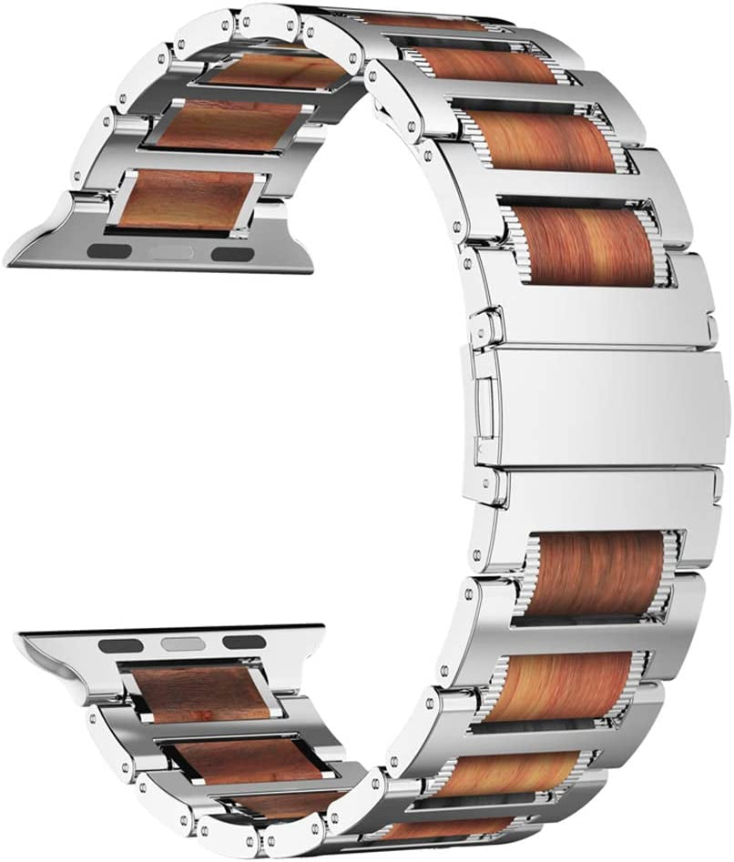 Iiteeology Compatible with Apple Watch Band 49Mm 45Mm 44Mm 42Mm, Natural Wooden Stainless Steel Link Bracelet Strap for Apple Watch Ultra & SE Series 8 7 6 Series 5 4 3 2 1 - Black  iitee Sandalwood + Silver Steel 41mm/40mm/38mm 