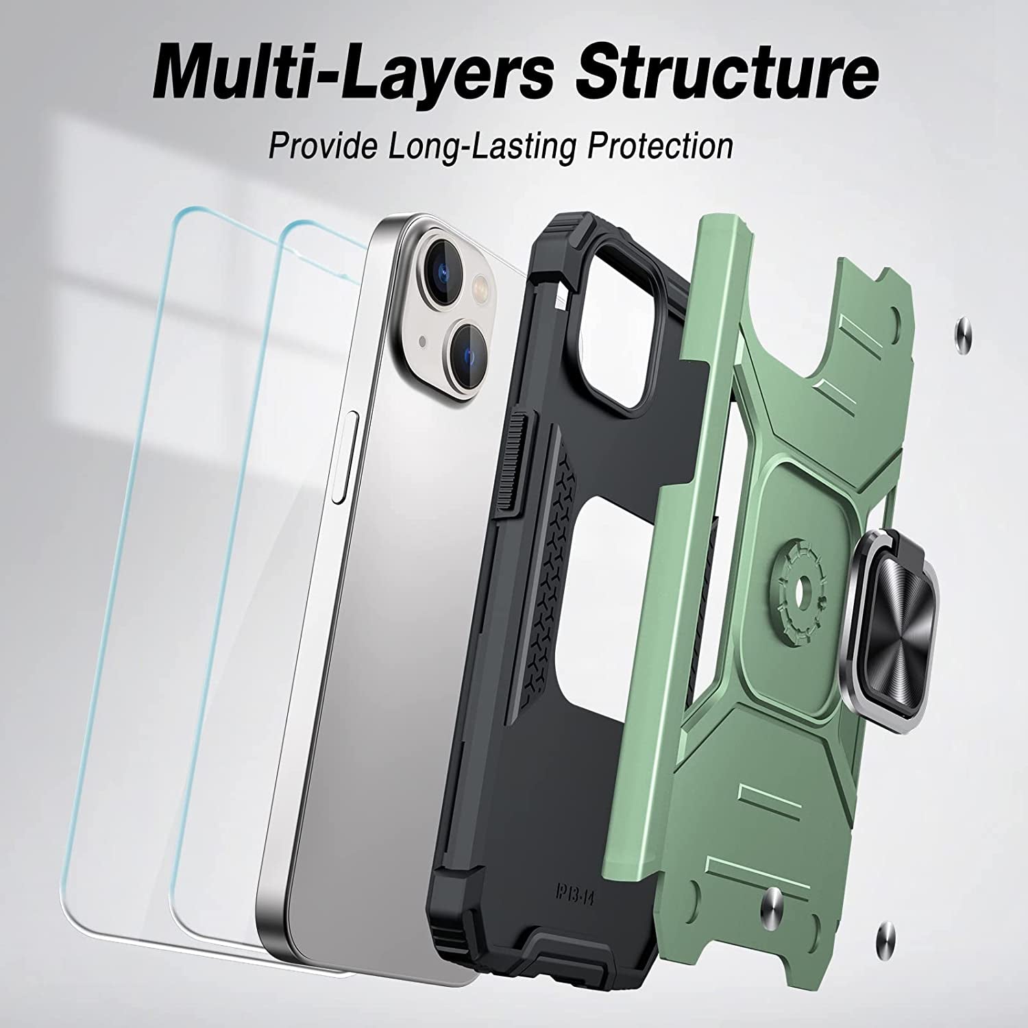 JAME for Iphone 14 Case with Screen Protector [2 PCS], Shockproof Bumper Case for Iphone 14 Case for Women & Men, Heavy-Duty Protection with Metal Ring Kickstand Case for Iphone 14, Alpine Green  XJXIN   