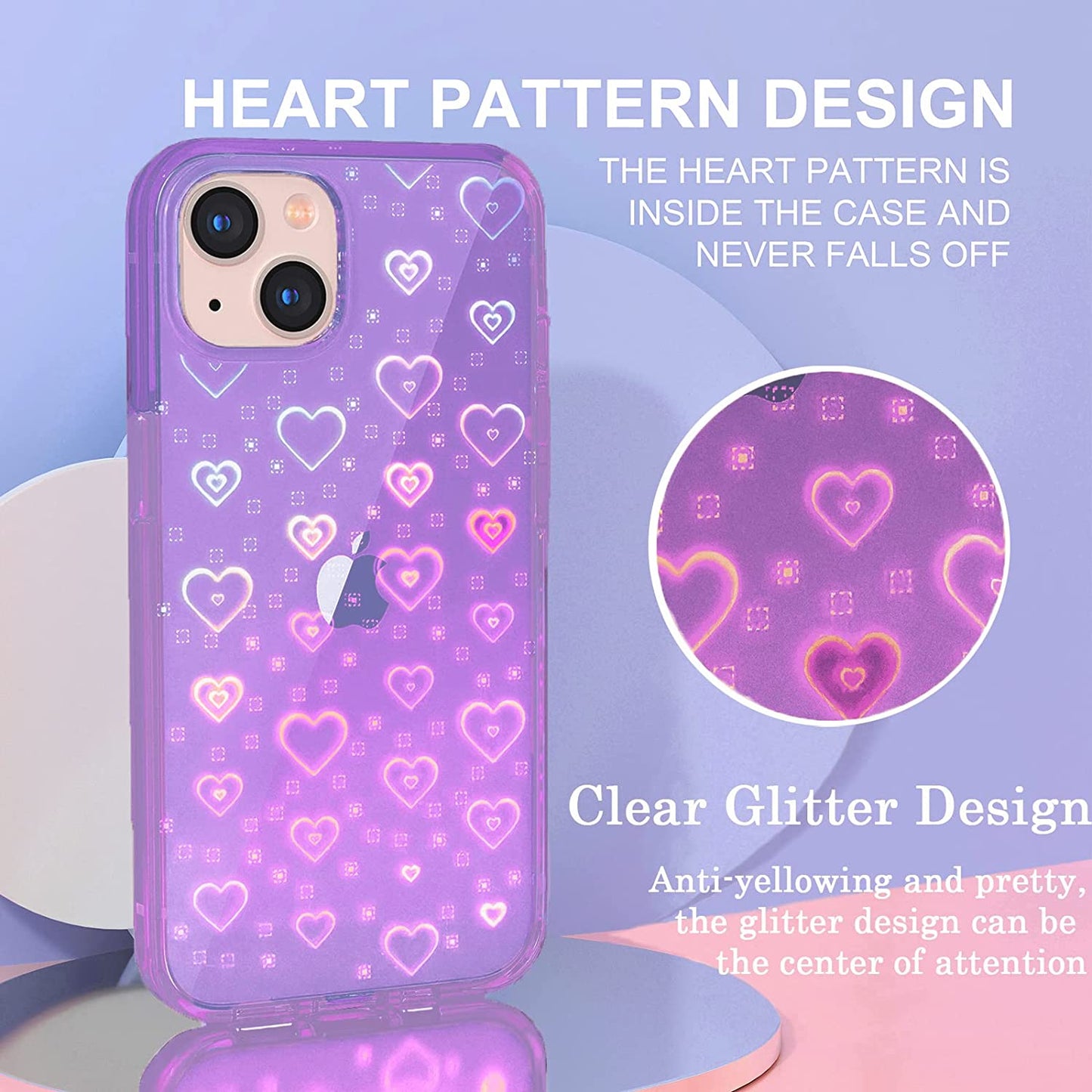 Tksafy Case Compatible Iphone 14 Case, Clear Glitter Cute Laser Holographic Love Heart Pattern for Women Girls, Anti-Yellow Hard PC Protective Phone Cover for Iphone 14 6.1-Inch 2022, Purple  Tksafy   