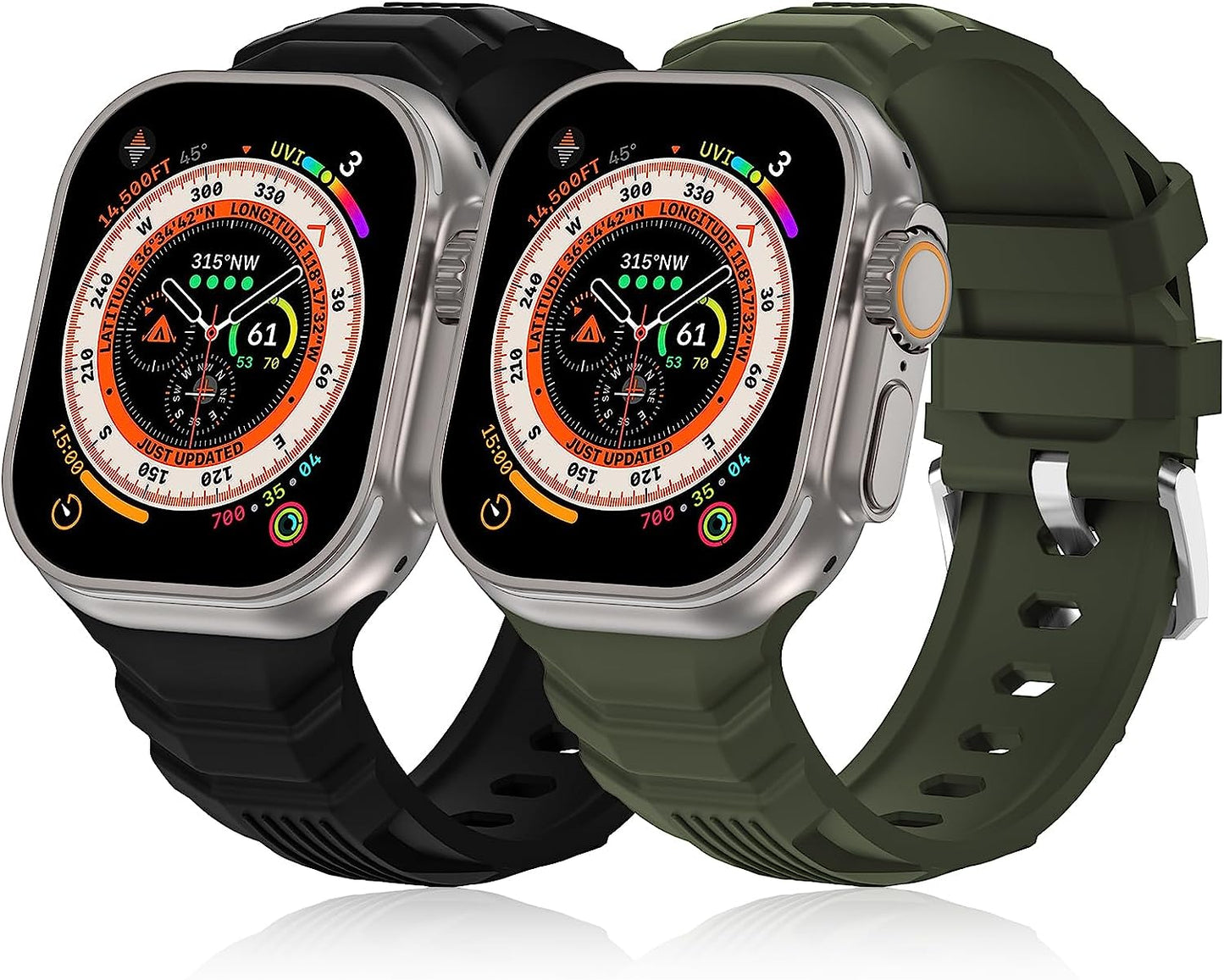 Seizehe Sport Bands Compatible with Apple Watch Ultra Band 49Mm 45Mm 44Mm 42Mm for Men, Soft Silicone Wristbands Replacement Strap for Iwatch Ultra Bands Series 8/7/SE/6/5/4/3/2/1, 2 Packs  Seizehe Black/Olive Green 42mm/44mm/45mm/49mm 