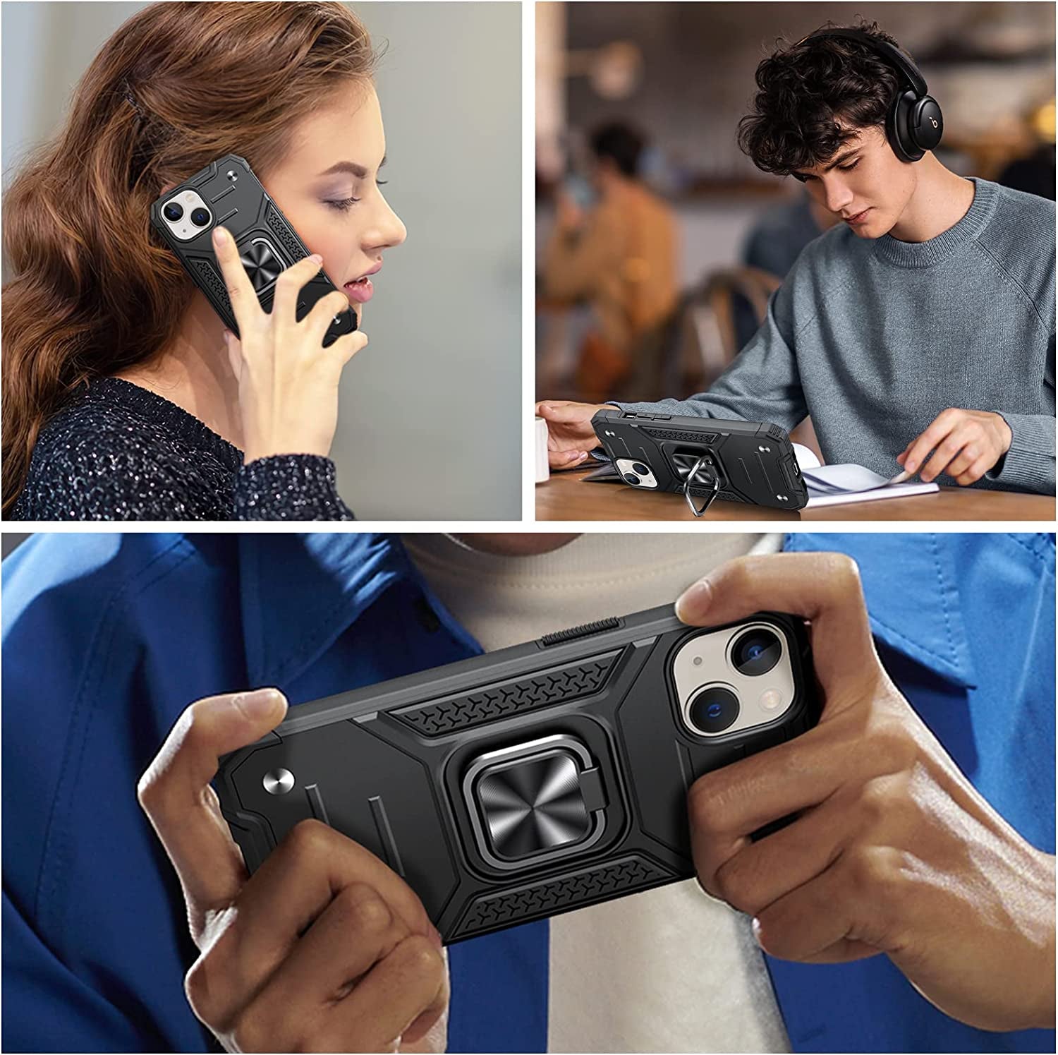 JAME for Iphone 14 Case with Screen Protector [2 PCS], Shockproof Bumper Case for Iphone 14 Case for Women & Men, Heavy-Duty Protection with Metal Ring Kickstand Case for Iphone 14, 6.1 Inch, Black  XJXIN   