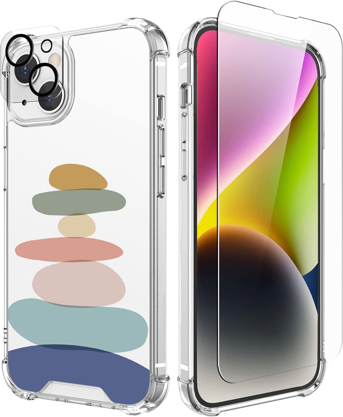 Cutebe [3 in 1 Crystal Phone Case for Iphone 13(2021)/Iphone 14(2022) 6.1", Cute Protective Cover with 9H Temper Glass Screen Protector + HD Temper Camera Lens Protector for Women, Girls  Cutebe Rock Balancing iPhone 13/14 Case 6.1 Inch 