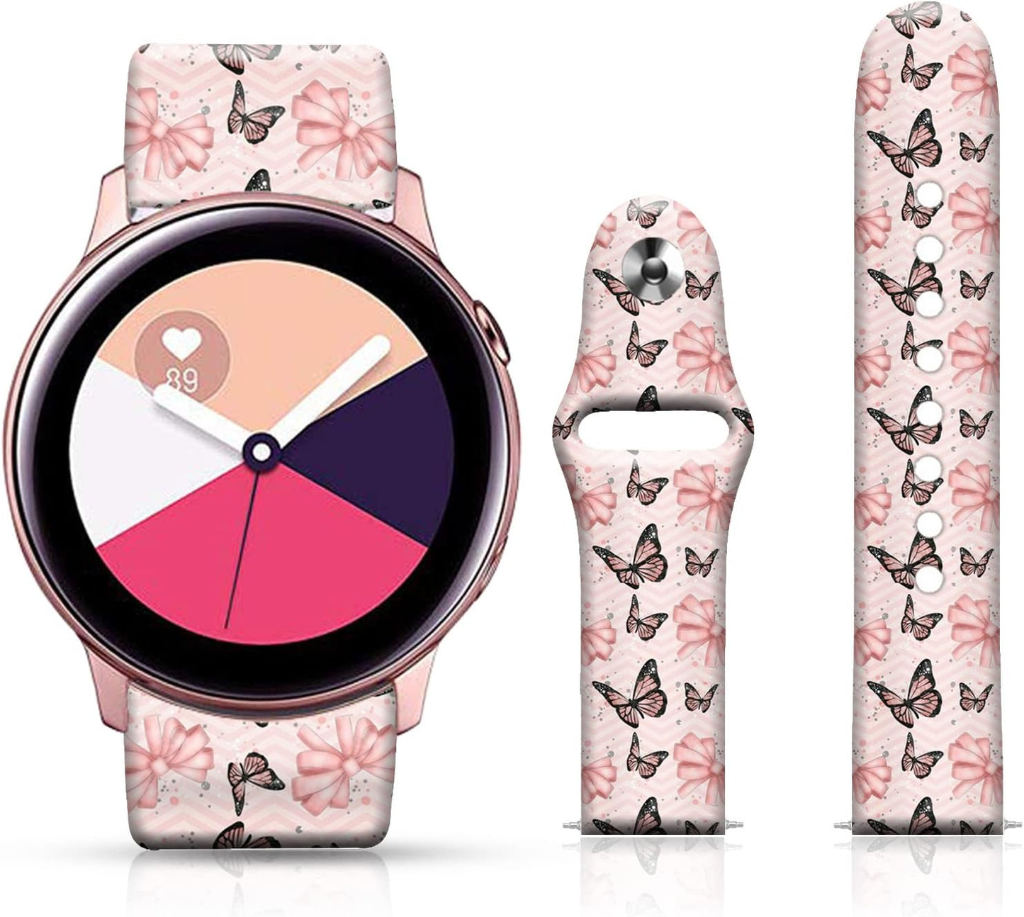 20MM Silicone Sport Bands Compatible for Samsung Galaxy Watch 4 40Mm 44Mm/Classic 42Mm 46Mm/Watch 3 41Mm, Active 2 Watch Bands /Gear S2, FTFCASE Turquoise Pattern Strap for Women Men Girls  FTFCASE Pink Butterfly  