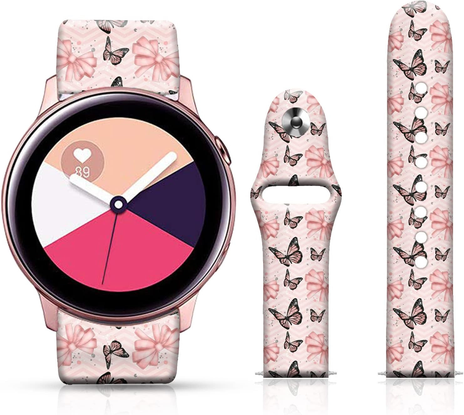 20MM Silicone Sport Bands Compatible for Samsung Galaxy Watch 4 40Mm 44Mm/Classic 42Mm 46Mm/Watch 3 41Mm, Active 2 Watch Bands /Gear S2, FTFCASE Turquoise Pattern Strap for Women Men Girls  FTFCASE Pink Butterfly  