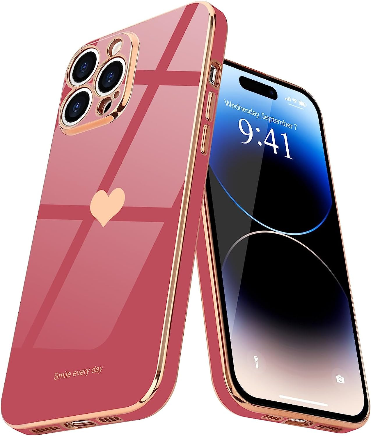 Teageo Iphone 14 Pro Case - Luxury Love Heart Design, Bling Back Cover, Camera Protection, Shockproof, Blackish Green  janzee Bright Blush  