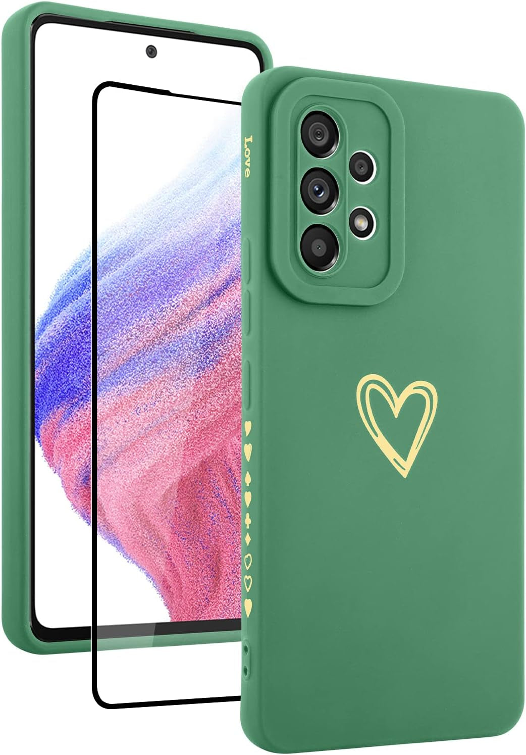 Fiyart Designed for Samsung Galaxy A53 5G Case Love Heart Design for Women Girls Soft TPU Plating Full Camera Lens Protection Phone Cover Bumper with Screen Protector for Galaxy A53 5G 6.5"-Black  Fiyart Green  