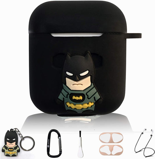 Batman Silicone Cute Cartoon Case for Apple Airpod 1/2, 9 in 1 Accessories Set Protective Cover, Silicone Case/Keychain/Carabiner/Metal Dust Sticker/Cleaning Brush/Anti-Lost Rope,The Best Gift  Netbbt   