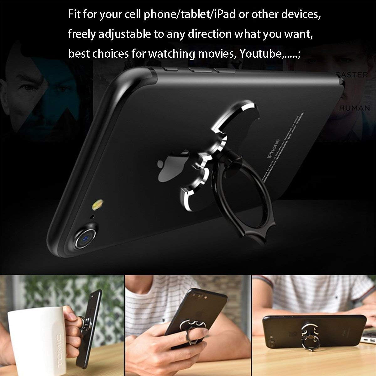 NILSTOREY Cell Phone Ring Holder, Bat 360° Rotation Ring Stand Holder, Metal Finger Grip Kickstand for Iphone, Samsung, Smartphones and Ipads (Black)  NILSTOREY   
