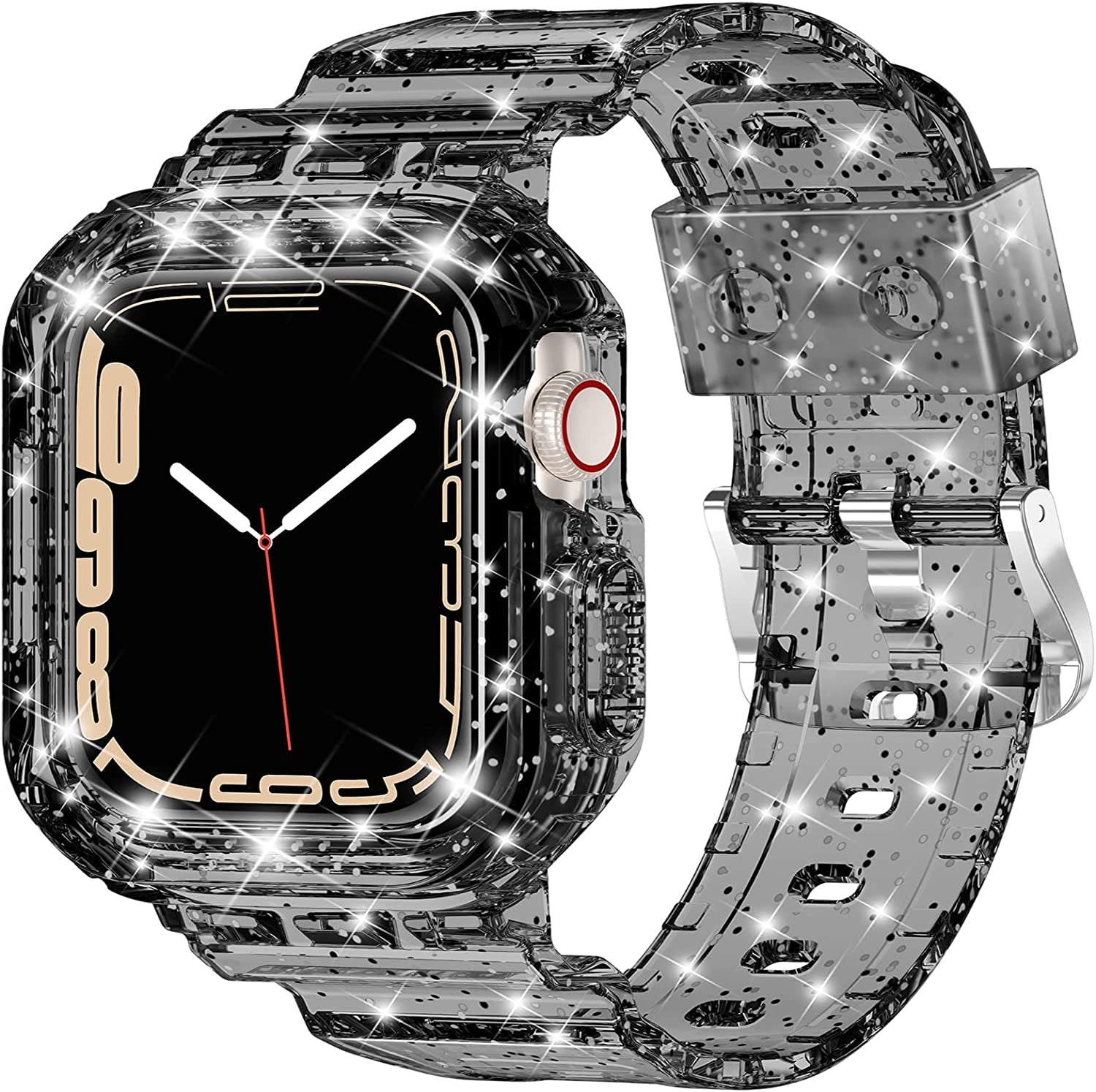 XYF Compatible for Crystal Clear Apple Watch Bands, 45Mm 44Mm 42Mm 41Mm 40Mm 38Mm 49Mm with Bumper Case for Men Women Jelly Sport Case and Band for Iwatch Ultra Series 8 7 SE/6 5 4 3 2 1  XYF GlitterBlack 42/44/45mm 