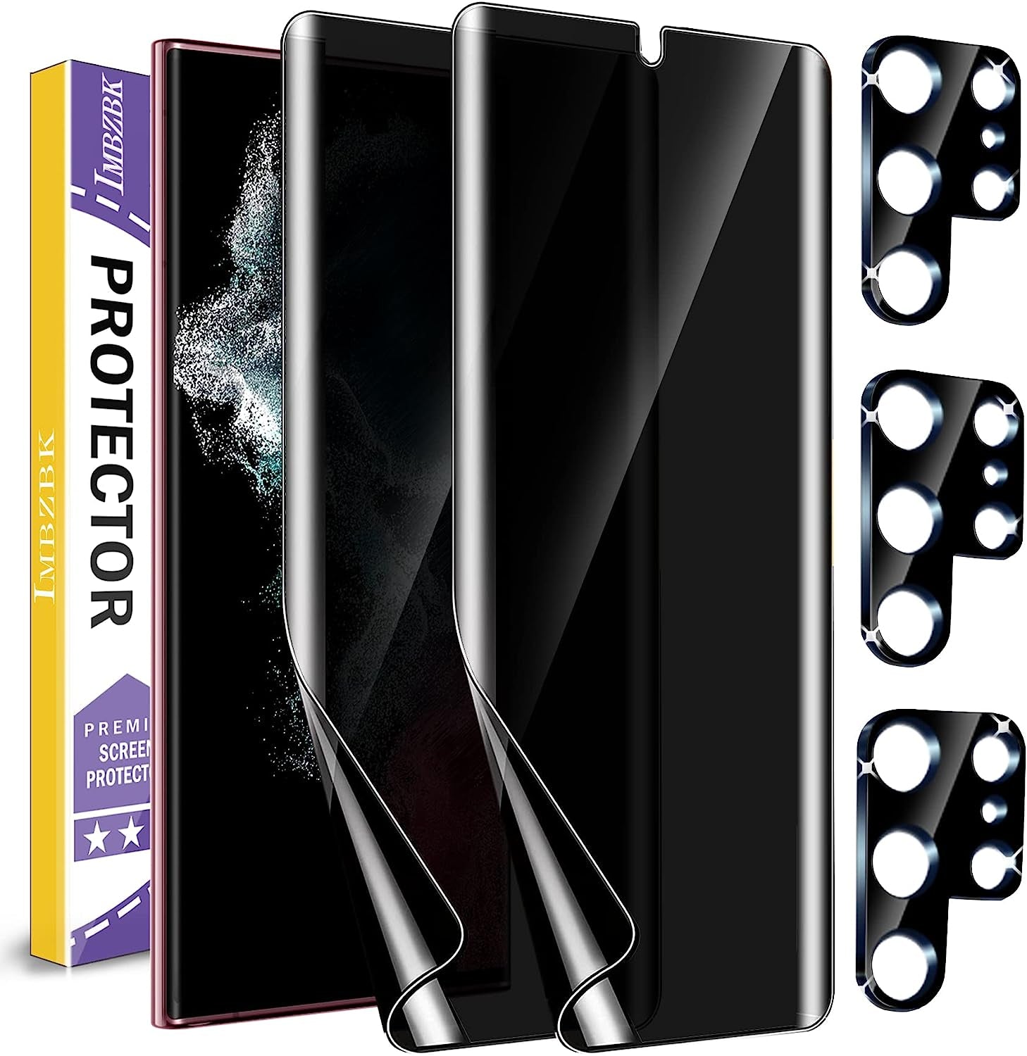 IMBZBK [2+3 Pack Privacy Screen Protector for Samsung Galaxy S22 Ultra 5G [Not Glass], 2 Pack Anti-Spy Flexible TPU Film with 3 Pack Tempered Glass Camera Lens Protector, Case Friendly  IMBZBK   