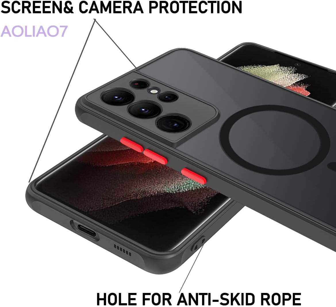 Aoliao7 Galaxy S21 Ultra Magnetic Case Compatible with Magsafe Wireless Chager, Anti-Fingerprints Black Semitransparent Screen & Camera Protection Shockproof Case for Galaxy S21 Ultra[S Pen Works]  AoliAo7   