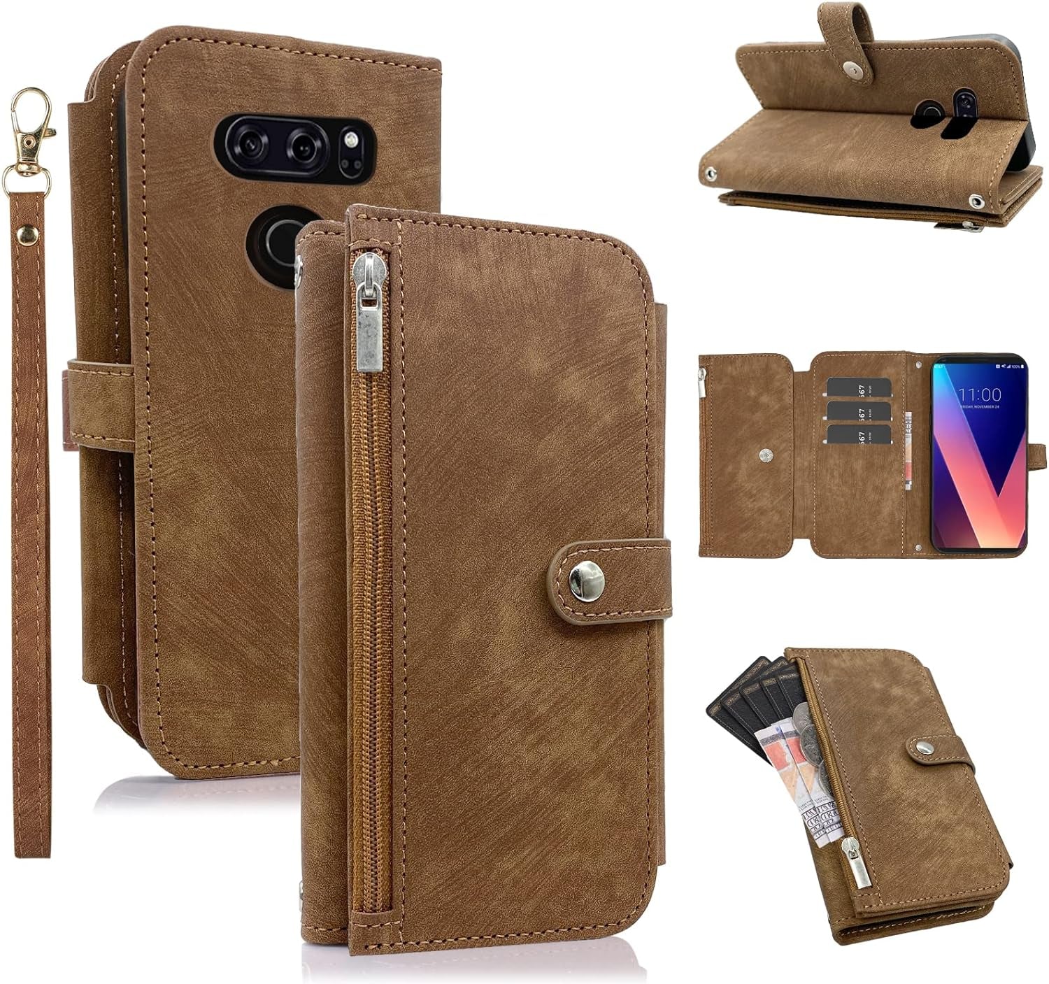 Compatible with LG V35 Thinq V30 plus Wallet Case Flip Credit Card Holder Cell Phone Cover for Folio Purse Lanyard Wrist Strap Rugged Slot Mobile LGV30 LGV35 LG30 LG35 V 30 35 V30+ V30S H931 Purple  Furiet Brown  