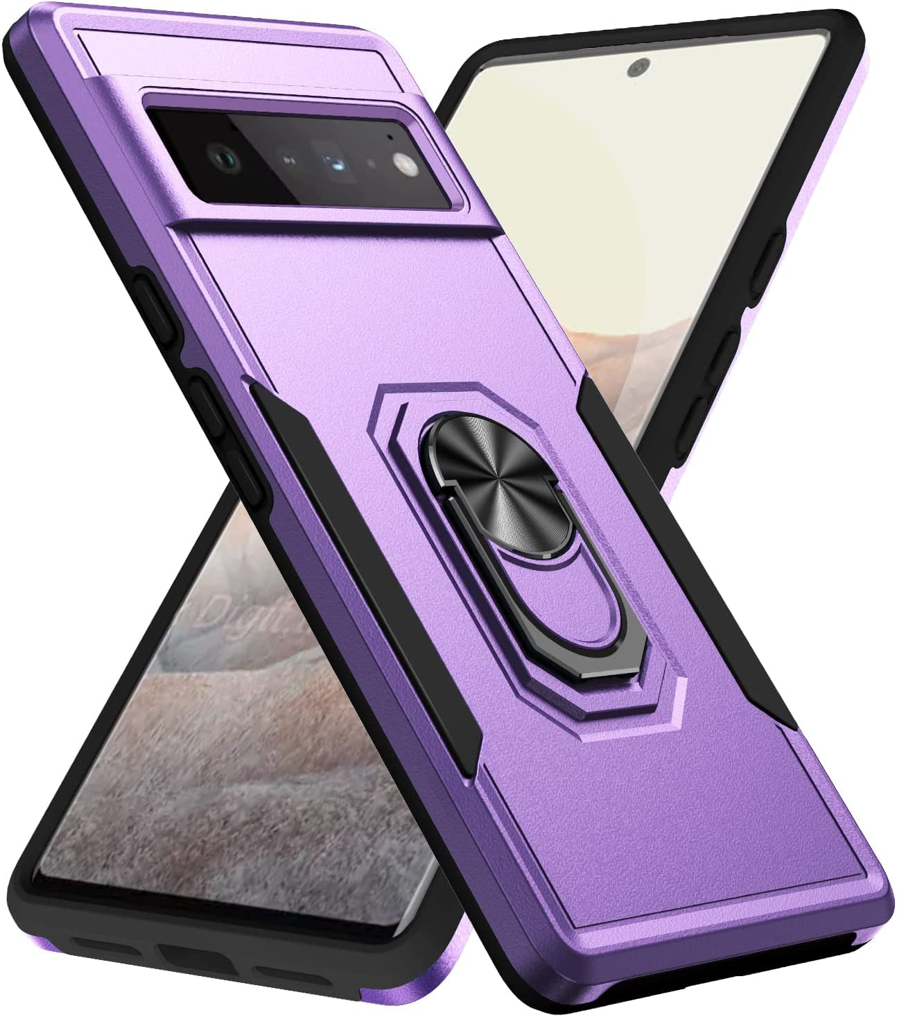 Case for Pixel 6 Pro，Google 6 Pro Case Protector with Car Mount Kickstand Metal Ring - Shock-Absorption Bumper Cover for Google Pixel 6 Pro Case Anti-Scratch (Purple)  Anzruosu   