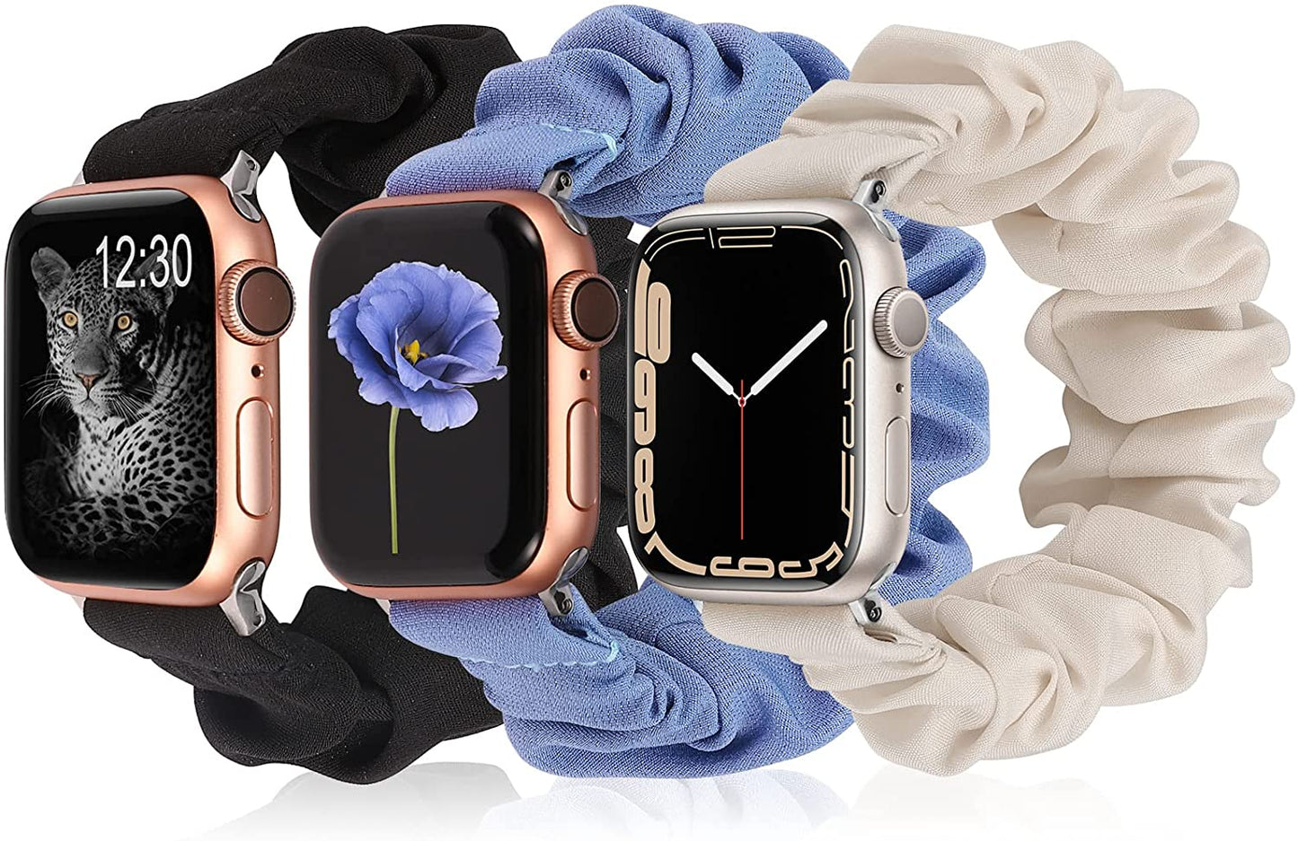 TOYOUTHS 3 Packs Compatible with Apple Watch Band Scrunchies 49Mm(Ultra)/45Mm/44Mm/42Mm Cloth Soft Pattern Printed Fabric Bracelet Women Iwatch Elastic Scrunchy Band Series SE 8 7 6 5 4 3 2 1 S/M  TOYOUTHS Starlight/Black/Blue 41/40/38mm M/L(6.0" - 6.9" Wrist) 