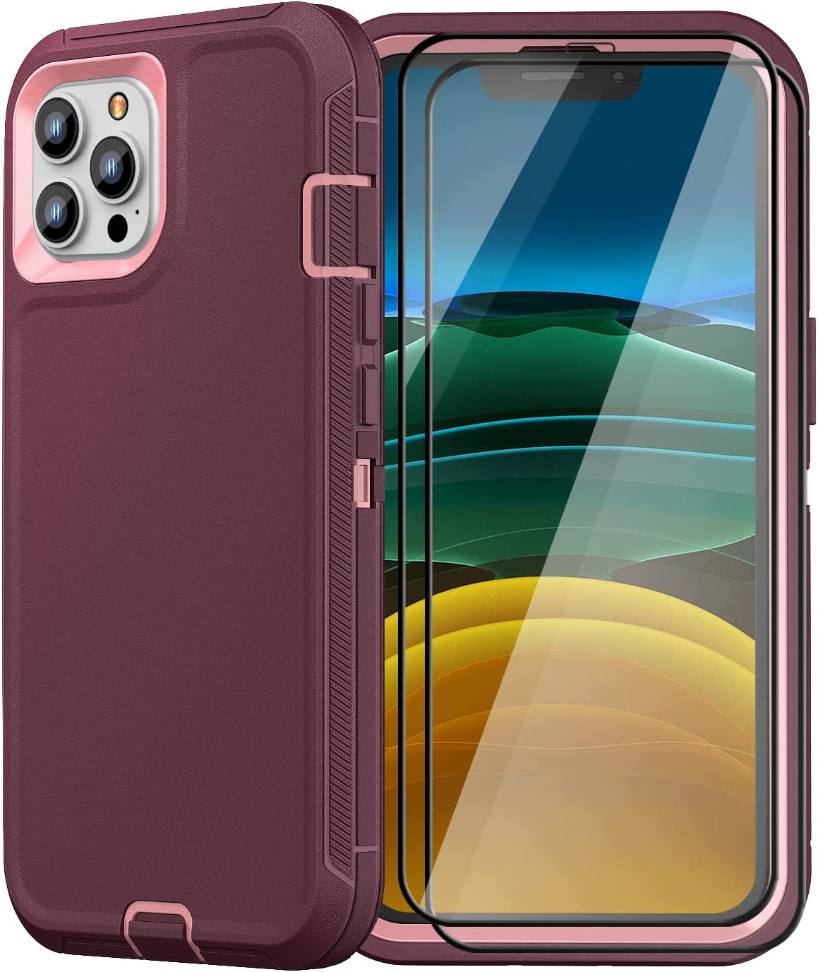 FEIYAR HOME Design for Iphone 11 Pro Max Case with 2 X Tempered Glass Screen Protector, Military Grade Full Body Drop Protective Shockproof Heavy Duty Case for Iphone 11 Pro Max 6.5 Inch (Black)  FEIYAR HOME Wine Red Pink  