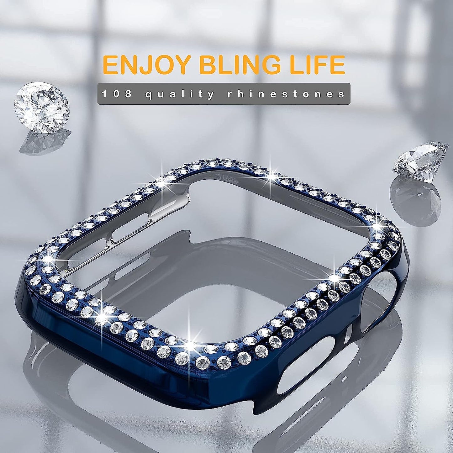 QVLANG Slim Watch Band Compatible with Apple Watch Band 38Mm 40Mm 42Mm 44Mm for Women Girls, Stainless Steel Metal Mesh Wristband & Bling Diamond Case for Iwatch SE Series 6/5/4/3/2/1 (Blue, 40Mm)  QVLANG   