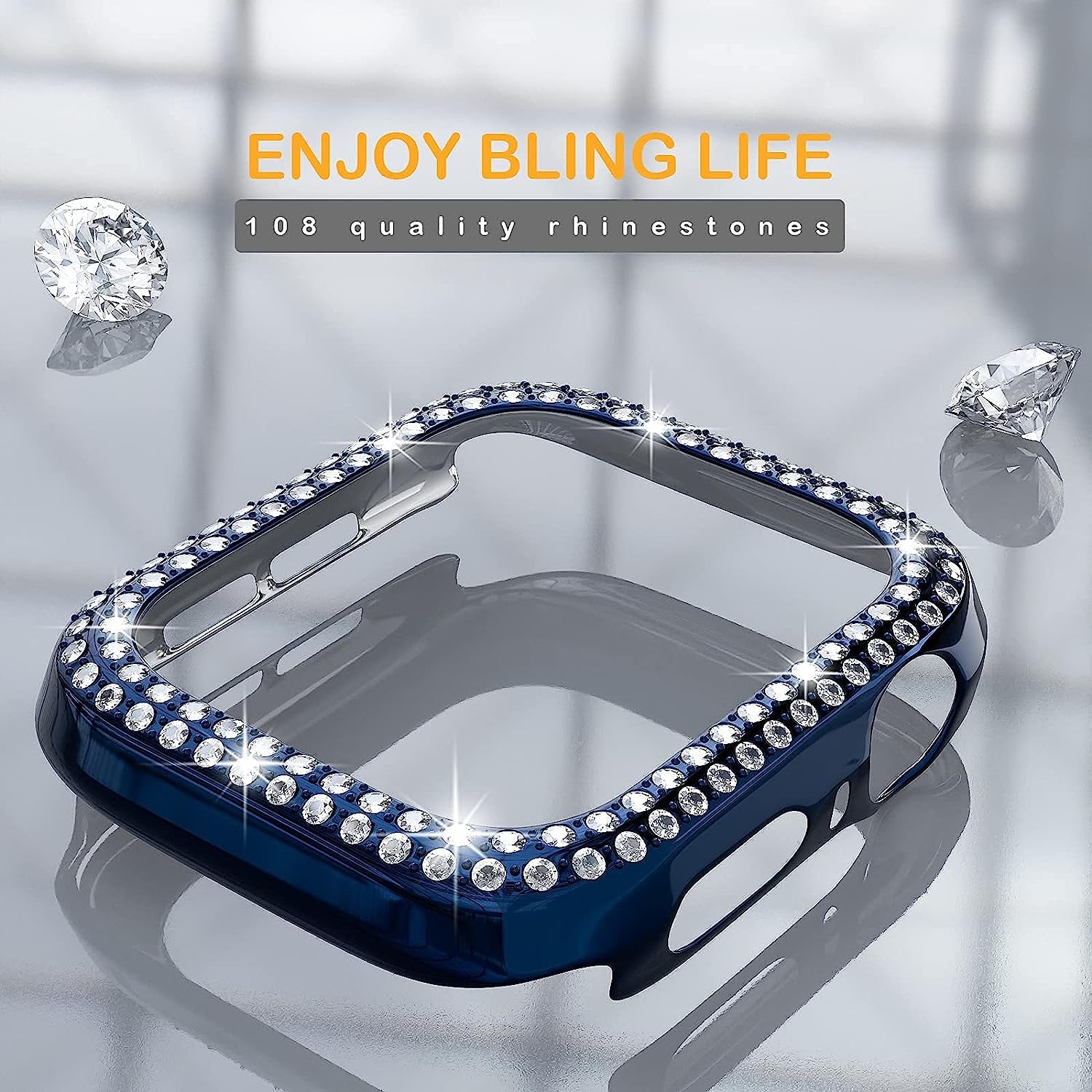 QVLANG Slim Watch Band Compatible with Apple Watch Band 38Mm 40Mm 42Mm 44Mm for Women Girls, Stainless Steel Metal Mesh Wristband & Bling Diamond Case for Iwatch SE Series 6/5/4/3/2/1 (Blue, 40Mm)  QVLANG   