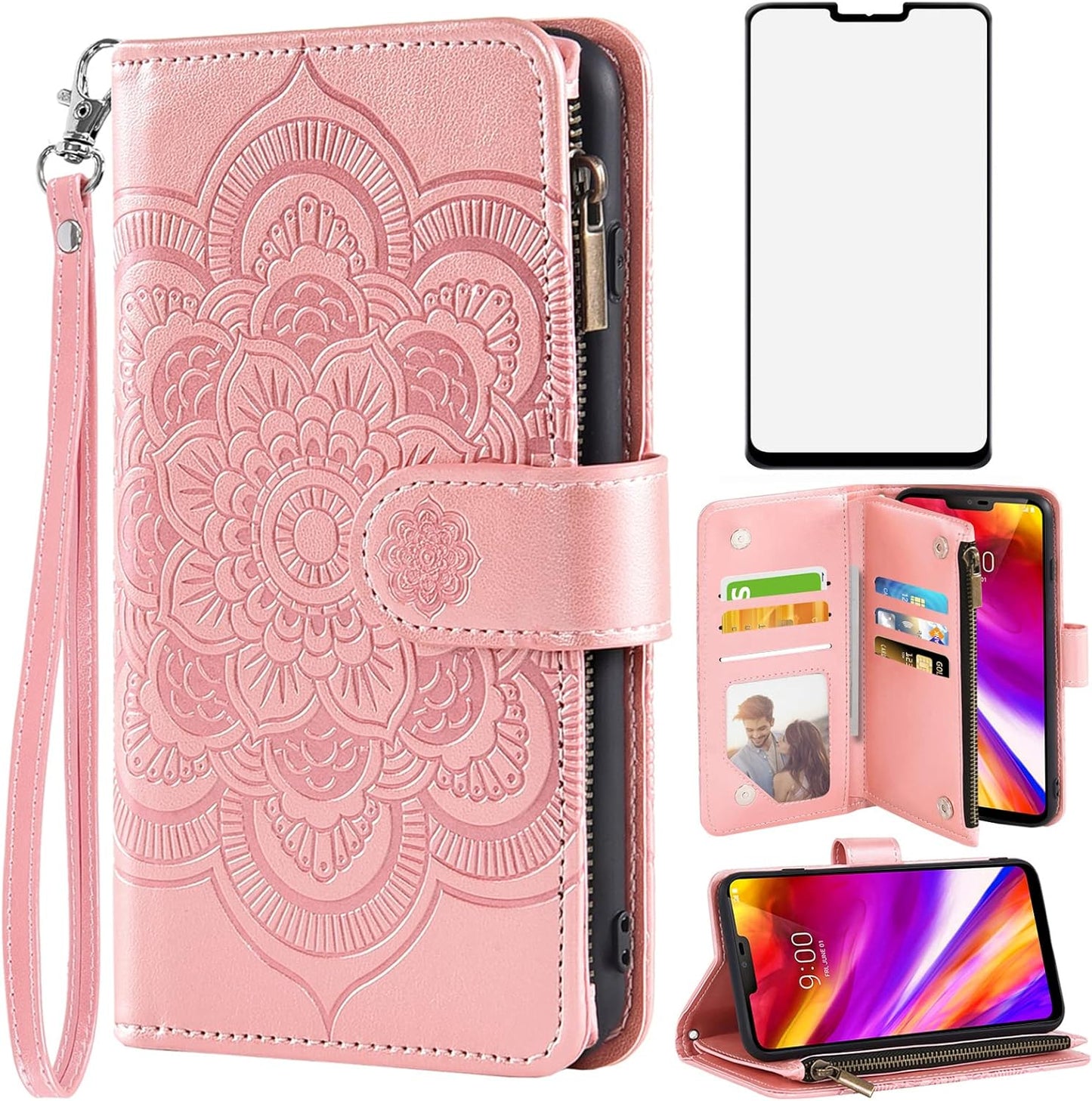 Asuwish Compatible with LG G7 Thinq Wallet Case and Tempered Glass Screen Protector Flip Card Holder Cell Phone Cover for LGG7 One G 7 plus LG7 Fit Lg7Thinq 7G Thin Q G7+ G7Thinq Lgg7Thinq Men Blue  Asuwish Rose Gold  