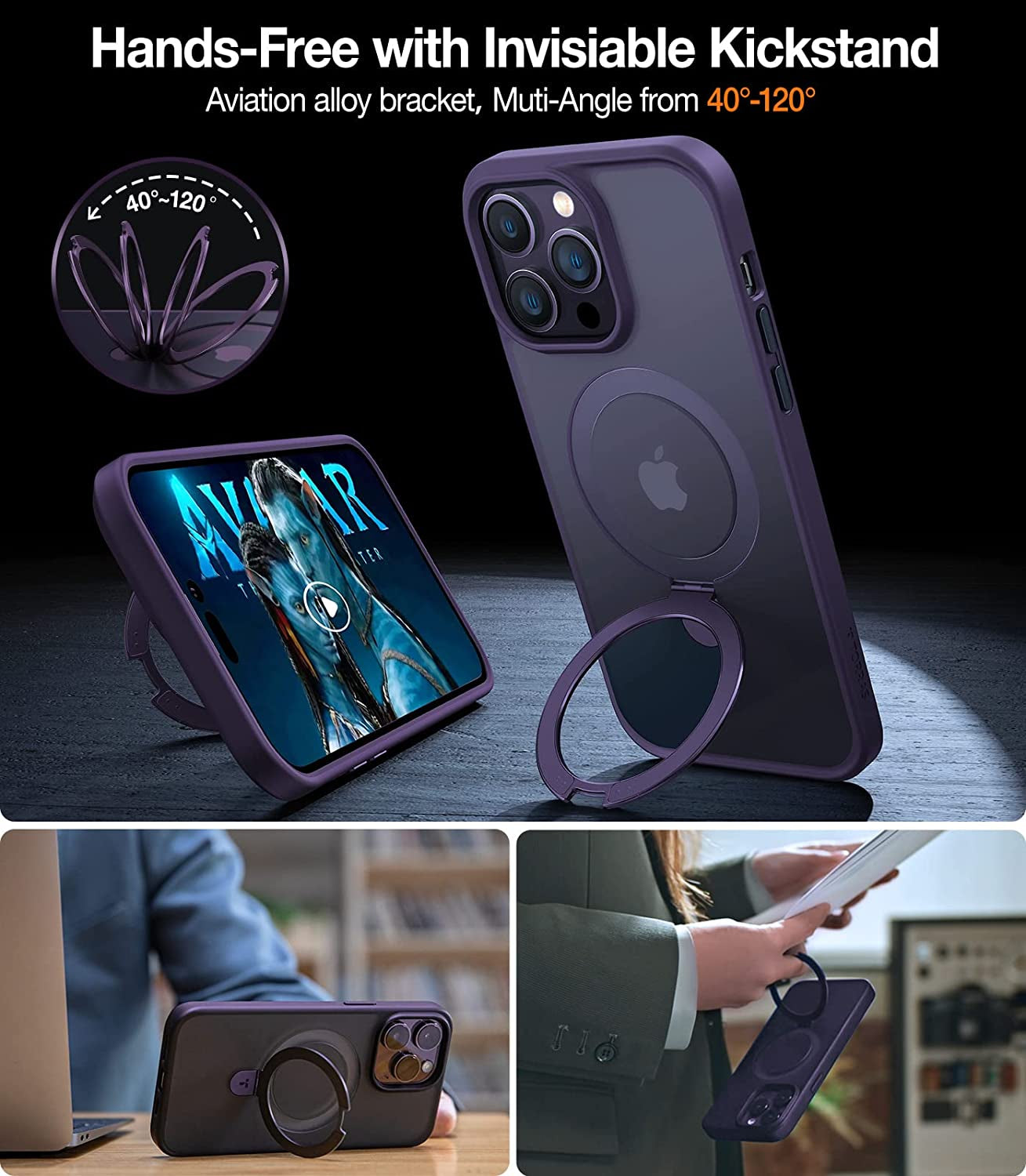 TORRAS Magnetic Shockproof for Iphone 14 Pro Case with Hidden Stand, [Exceed 3X Mil-Grade Drop Protection][Compatible with Magsafe] Slim Fit yet Protective Phone Grip Cover 6.1 Inch, Deep Purple  TORRAS   