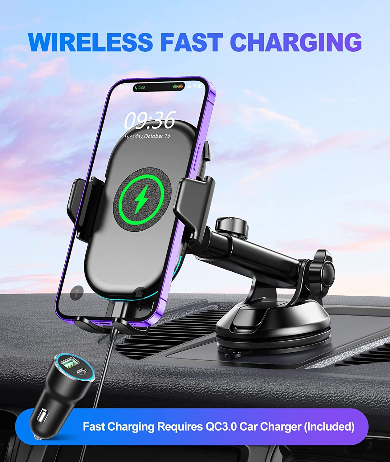 Wireless Car Charger, OBRFFE 15W Qi Car Phone Holder Mount Wireless Charging with QC3.0 Adapter, Fast Charging Phone Mount for Car Compatible with Iphone 14 13 12 11 Pro Max, Samsung Galaxy S23/S22  OBRFFE   