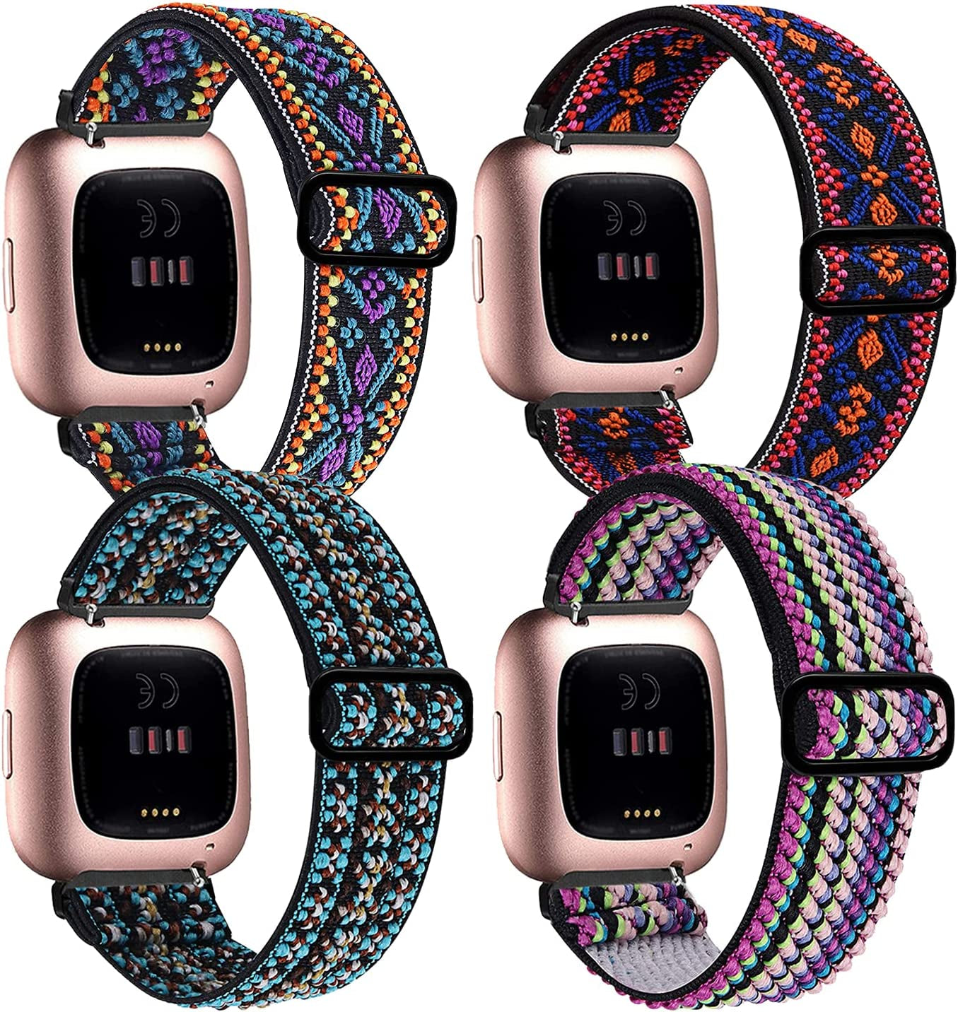 4 Pack Stretchy Bands Compatible with Fitbit Versa/Fitbit Versa Lite/Fitbit 2 Women Men, Adjustable Elastic Soft Loop Nylon Breathable Replacement Straps for Smartwatch Wristband  POHNUI Ethnic Blue + Ethnic Red + Colorful + Posey Green  