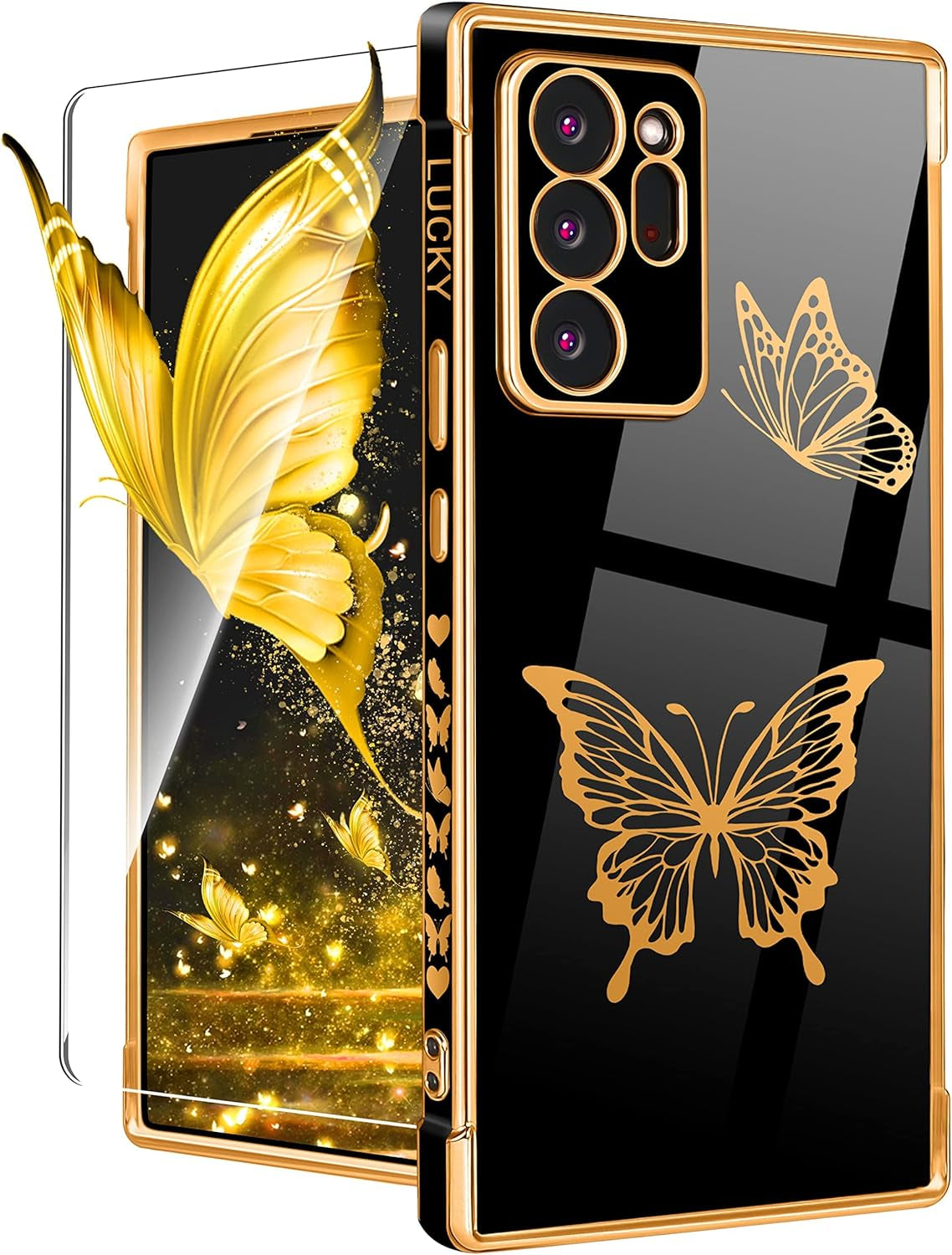 Coralogo for Samsung Galaxy Note 20 Ultra Case Butterfly for Women Girls Girly Pretty Phone Cases Cute Blue Gold Plating Butterflies Design with Screen Aesthetic Cover for Galaxy Note 20 Ultra 5G 6.9"  Coralogo 1-Black  