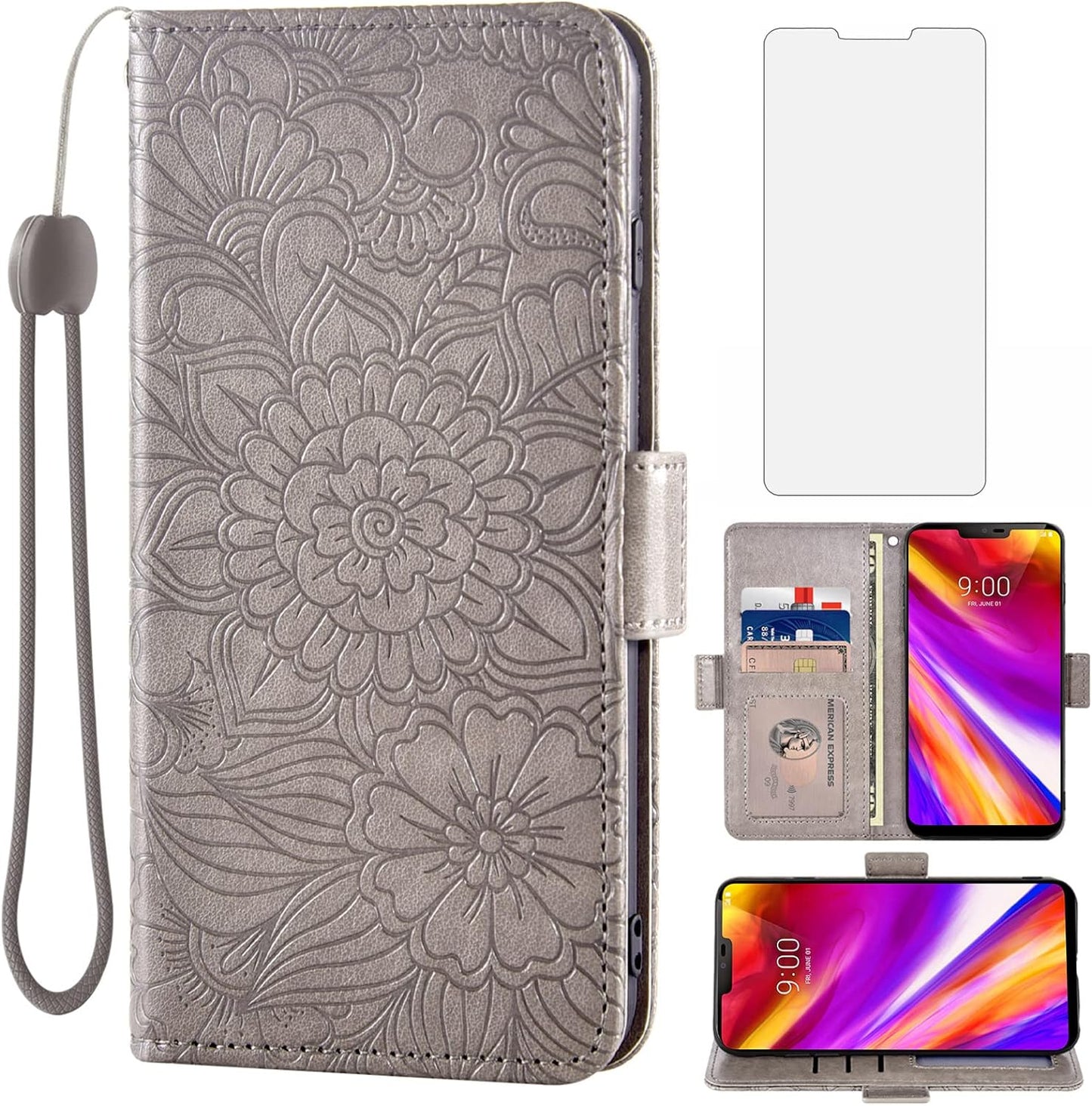 Compatible with LG G7 Thinq Wallet Case and Tempered Glass Screen Protector Card Holder Stand Phone Cover for LGG7 One G 7 plus LG7 Fit Lg7Thinq 7G Thin Q G7+ G7Thinq Lgg7Thinq Women Men Rose Gold  Asuwish Gray For Lg G7 