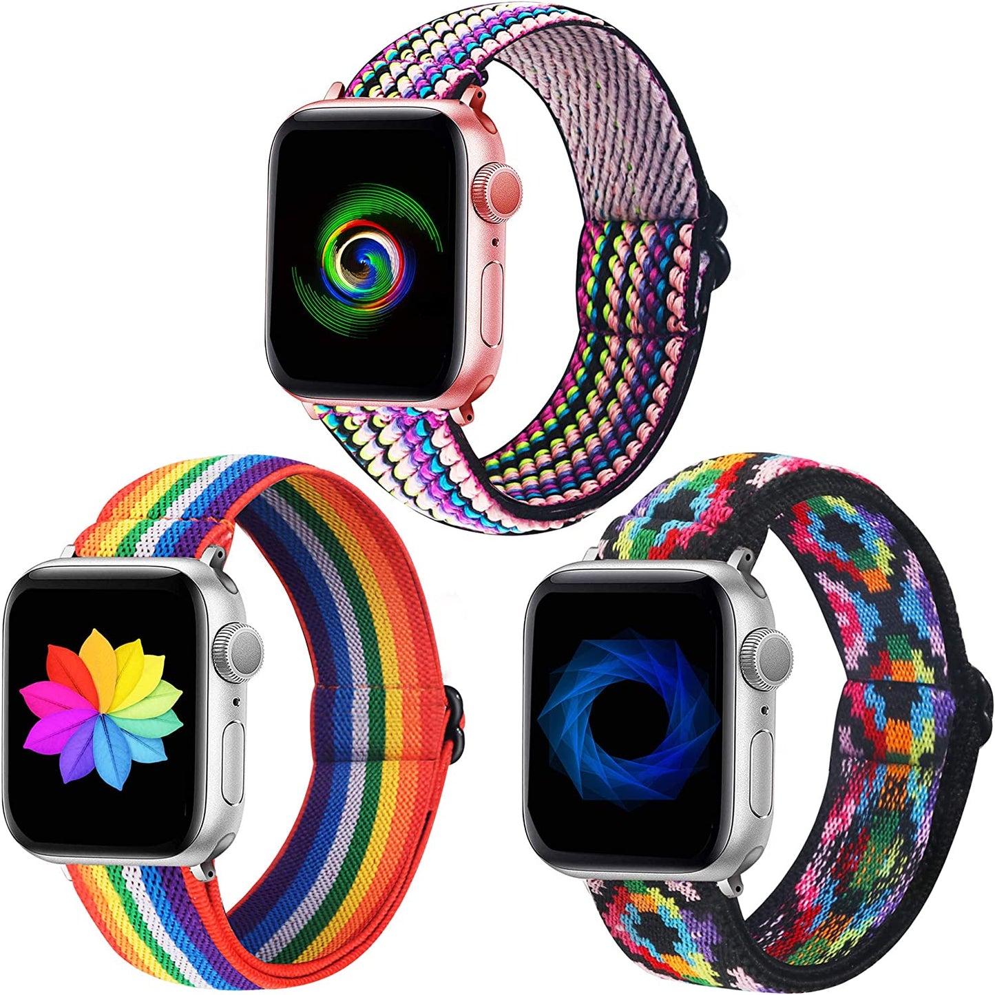Dsytom 3 Pack Elastic Band Compatible with Apple Watch Bands 38Mm 41Mm 40Mm 42Mm 44Mm 45Mm, Adjustable Stretchy Nylon Bands for Iwatch Series Ultra 8/7/6/5/4/3/2/1 SE Strap for Women  Dsytom Rainbow+Dark Rainbown+Boho Colorful 38mm/40mm/41mm 