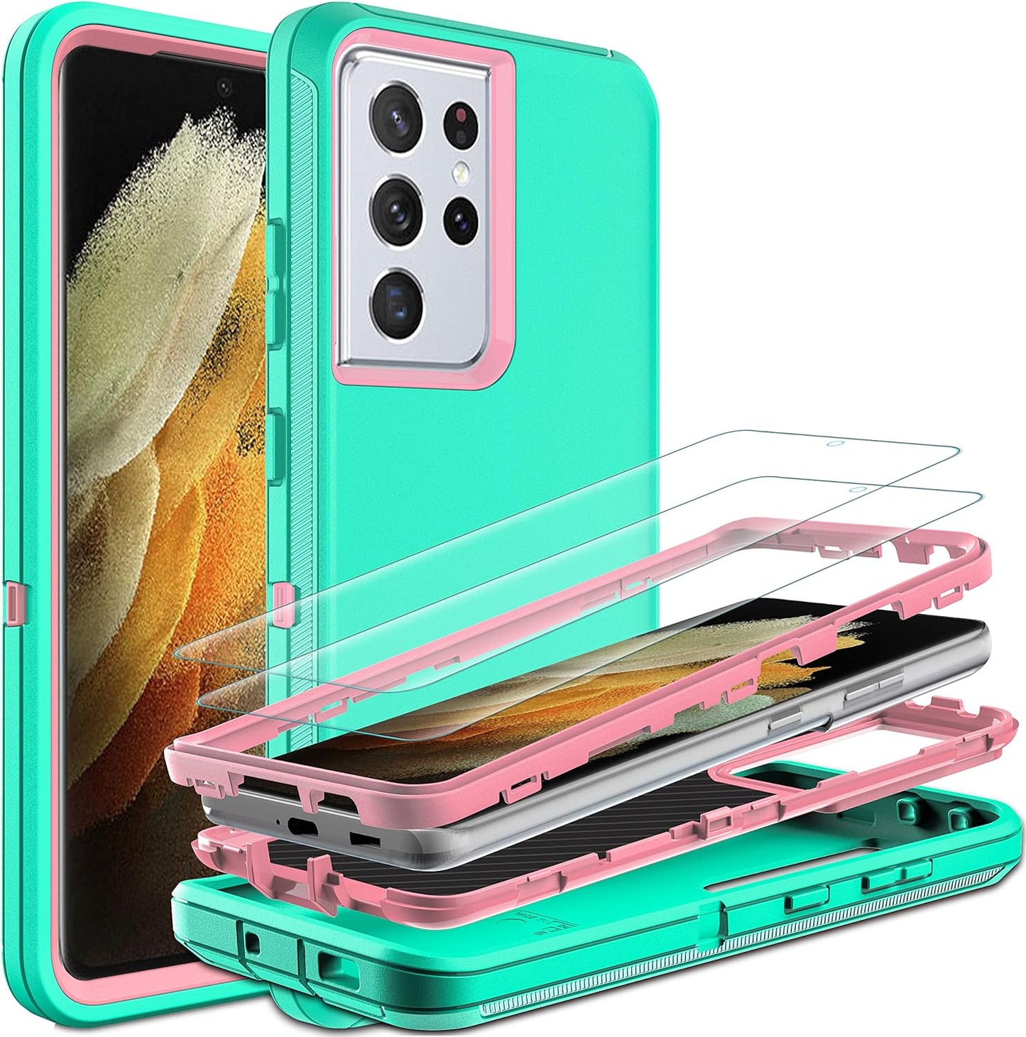 HONG-AMY for S21 Ultra Case, Samsung Galaxy S21 Ultra Case with Self Healing Flexible TPU Screen Protector[2 Pack], Military Grade Invisible Kickstand Phone Case for Galaxy S21 Ultra 5G-Green  HONG-AMY Aqua Blue/Rose Pink  