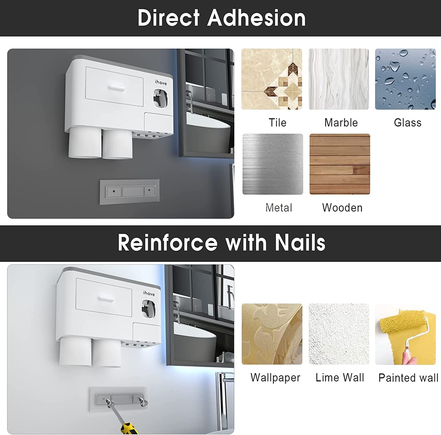 Ihave Toothbrush Holders for Bathrooms, 2 Cups Toothbrush Holder Wall Mounted with Toothpaste Dispenser - Large Capacity Tray, Cosmetic Drawer - Bathroom Decor & Bathroom Accessories  ihave   