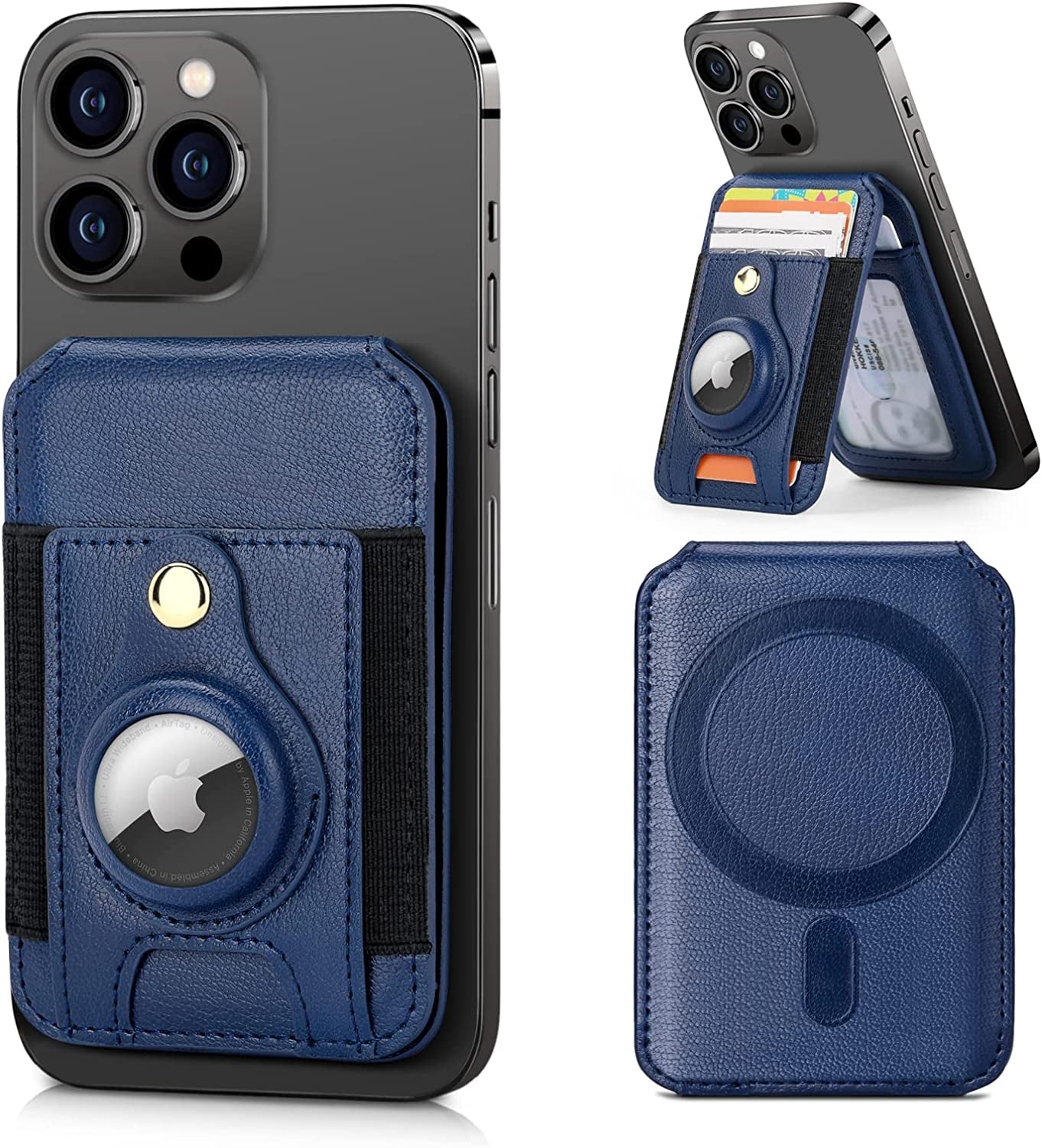 Nuoku Leather Magsafe Wallet with Airtag Holder, Magnetic Phone Wallet with Adjustable Stand for Iphone 14/13/12 Series, NOT Compatible with 13 Mini/12 Mini, Fit 8 Cards, Brown  nuoku Blue  