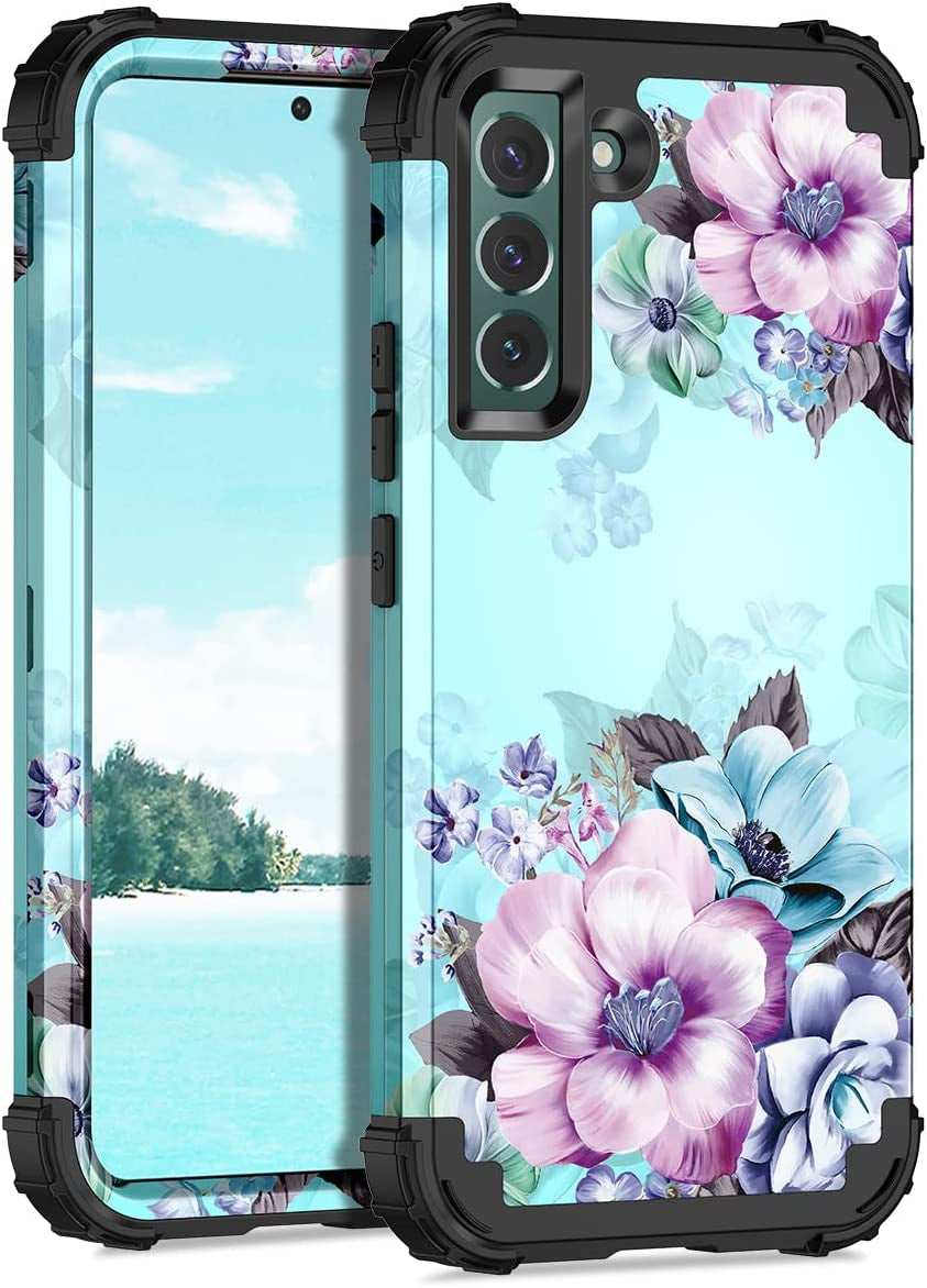 Casetego Compatible with Galaxy S22 plus 5G Case,Floral Three Layer Heavy Duty Sturdy Shockproof Full Body Protective Cover Case for Samsung Galaxy S22 plus 5G,Butterfly  Casetego Blue Flower  