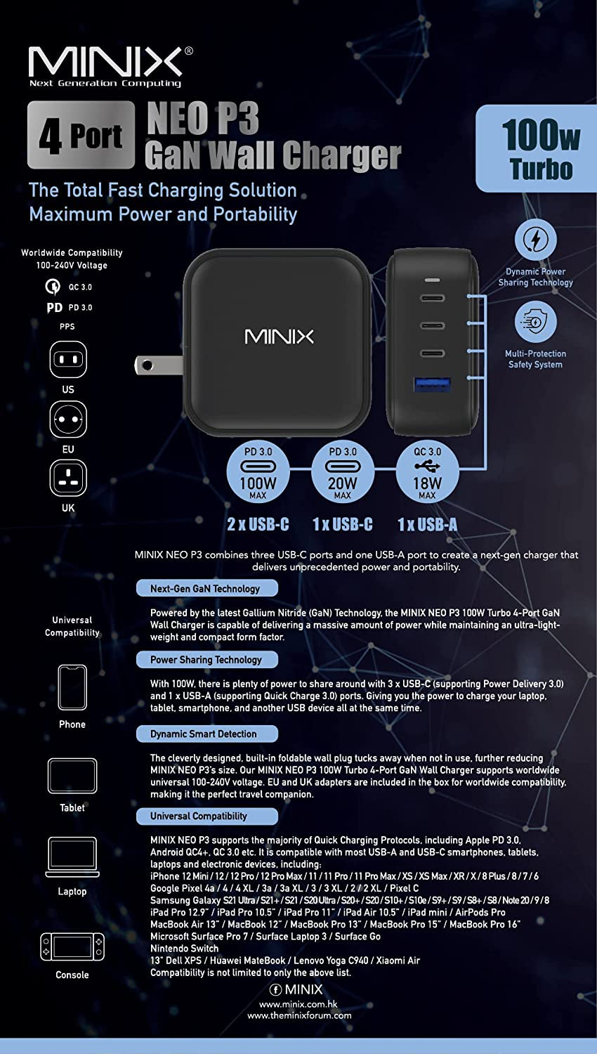 MINIX NEO P3 100W Turbo 4-Ports Gan Wall Charger, 3 X USB-C Port Fast Charging Adapter(Max 100W/20W), 1 USB-A (Max 18W). Compatible with Macbook Pro Air, Ipad Pro, Iphone 13,12,Galaxy S9 and More.  MINIX Technology Limited   