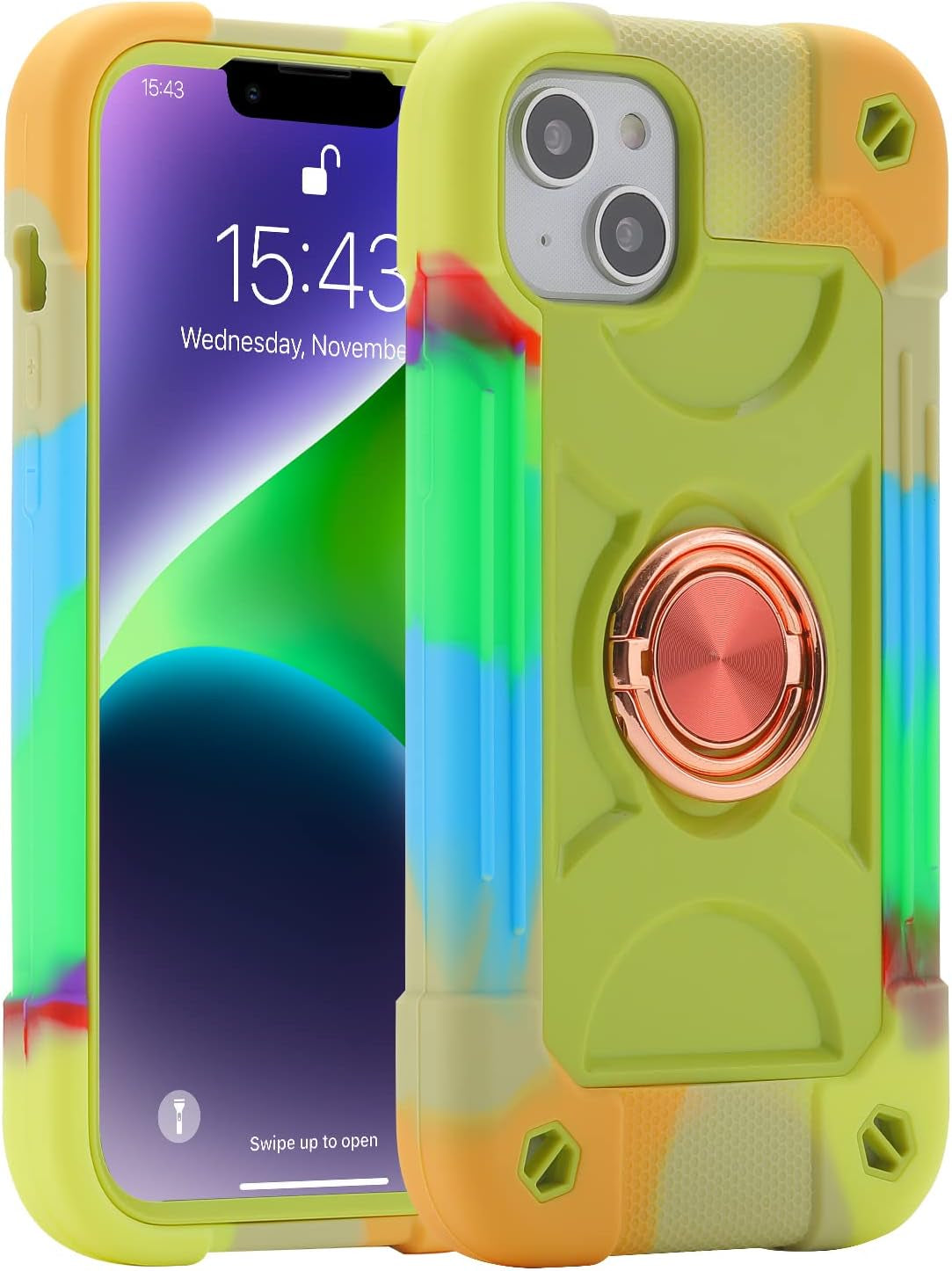 MARKILL Compatible with Iphone 14 plus Case 6.7 Inch with 360 Degree Rotate Ring Stand, Military Grade Drop Protection Full Body Rugged Heavy Duty Protective Cover for Iphone 14 Plus. (Avocado)  MARKILL Rainbow Green  