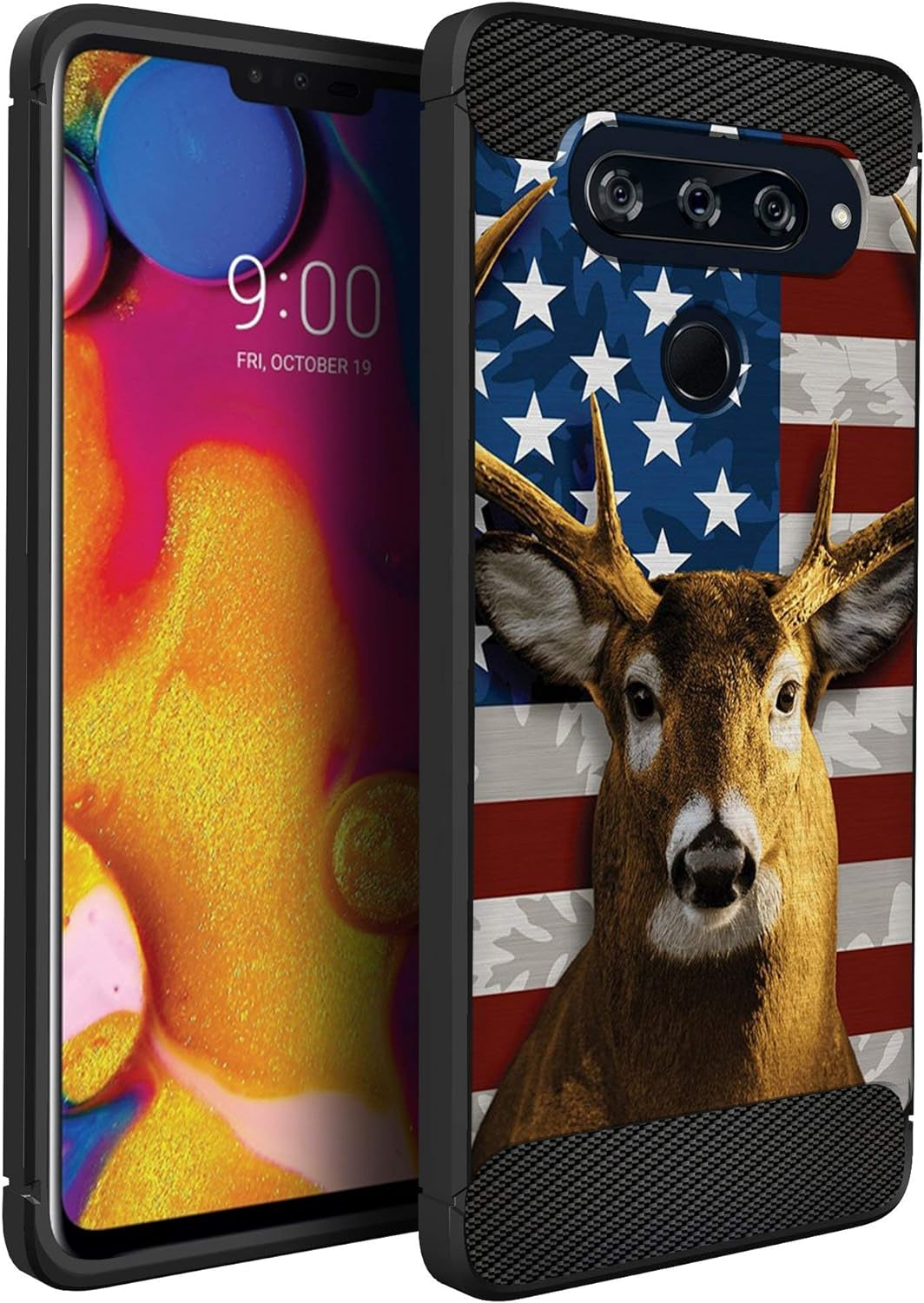 Cases on Deck White Case Compatible with [LG V40 Thinq] Hunters Series Slim No Bulk Carbon Fiber Texture Black Flexible TPU Material (Snow Hunters Camo)  CasesonDeck Deer Flag  