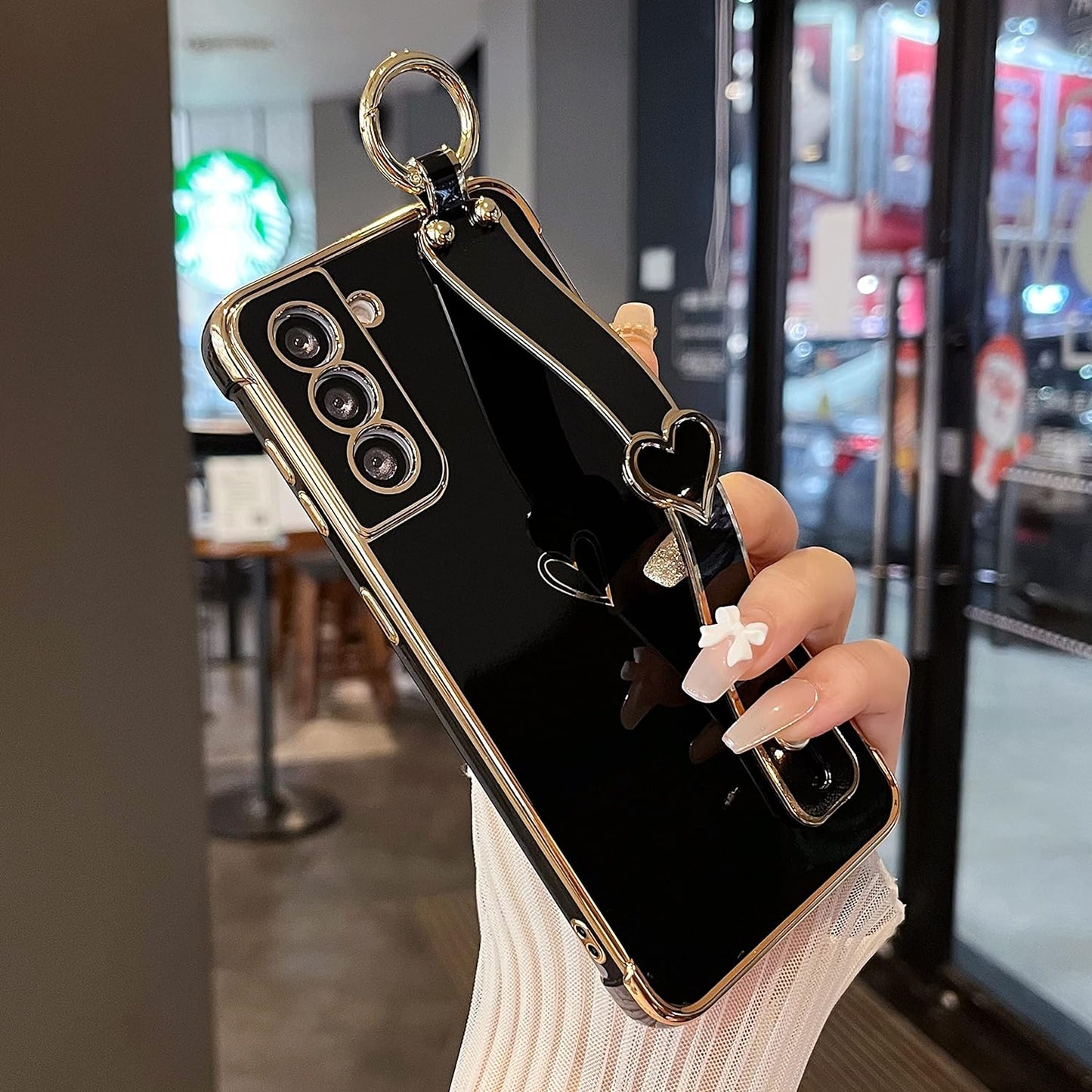 ZTOFERA Designed for Samsung Galaxy S21 plus 5G Case with Wristband,Plating Edge Love Hearts Pattern Hand Strap Finger Holder Kickstand Case,Soft Shockproof Cover for Girls Women,White  ZTOFERA Black  