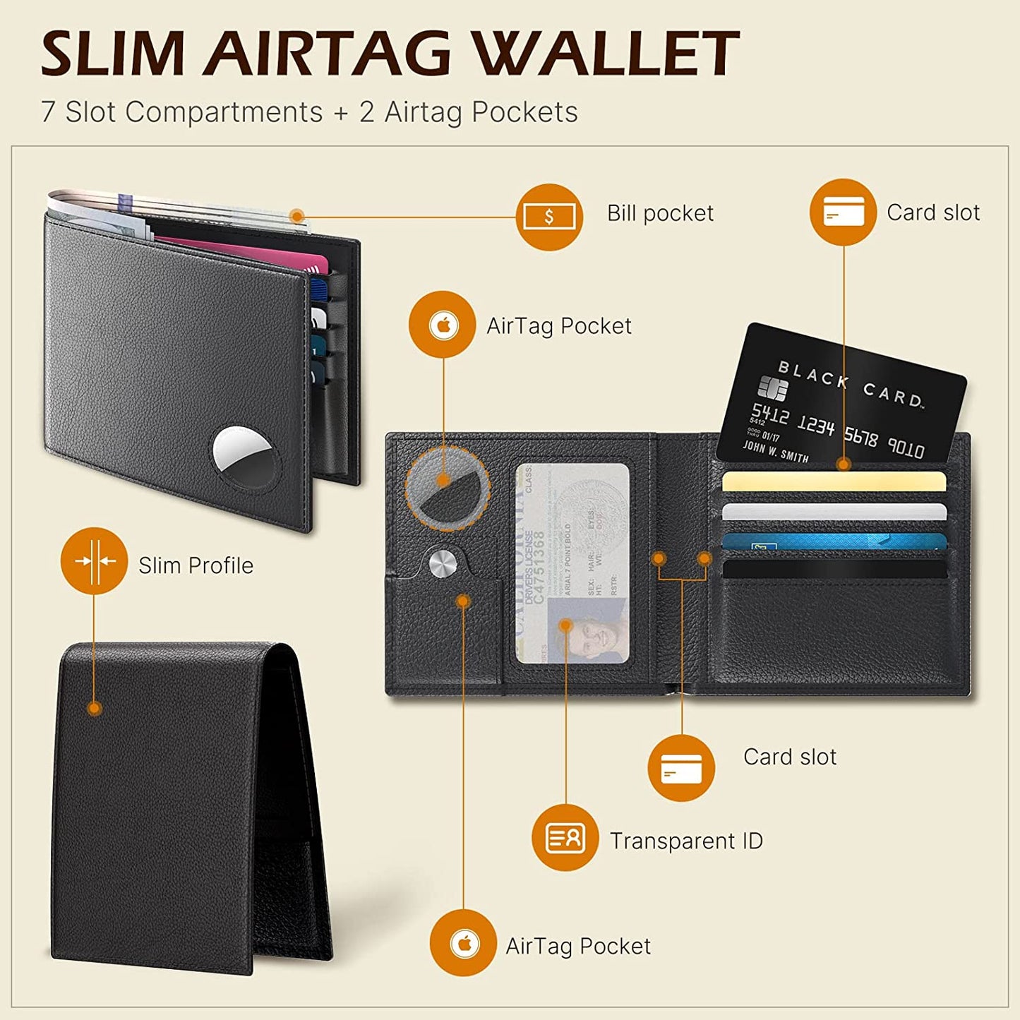 Men'S Leather Wallet with Stealth Pocket for Airtag | Top Grain Leather | Bifold | RFID Blocking | 8-16 Card Capacity | Bill Divider | ID Window | Hidden Pocket Compatible with Apple Air Tag (Black)  typecase   