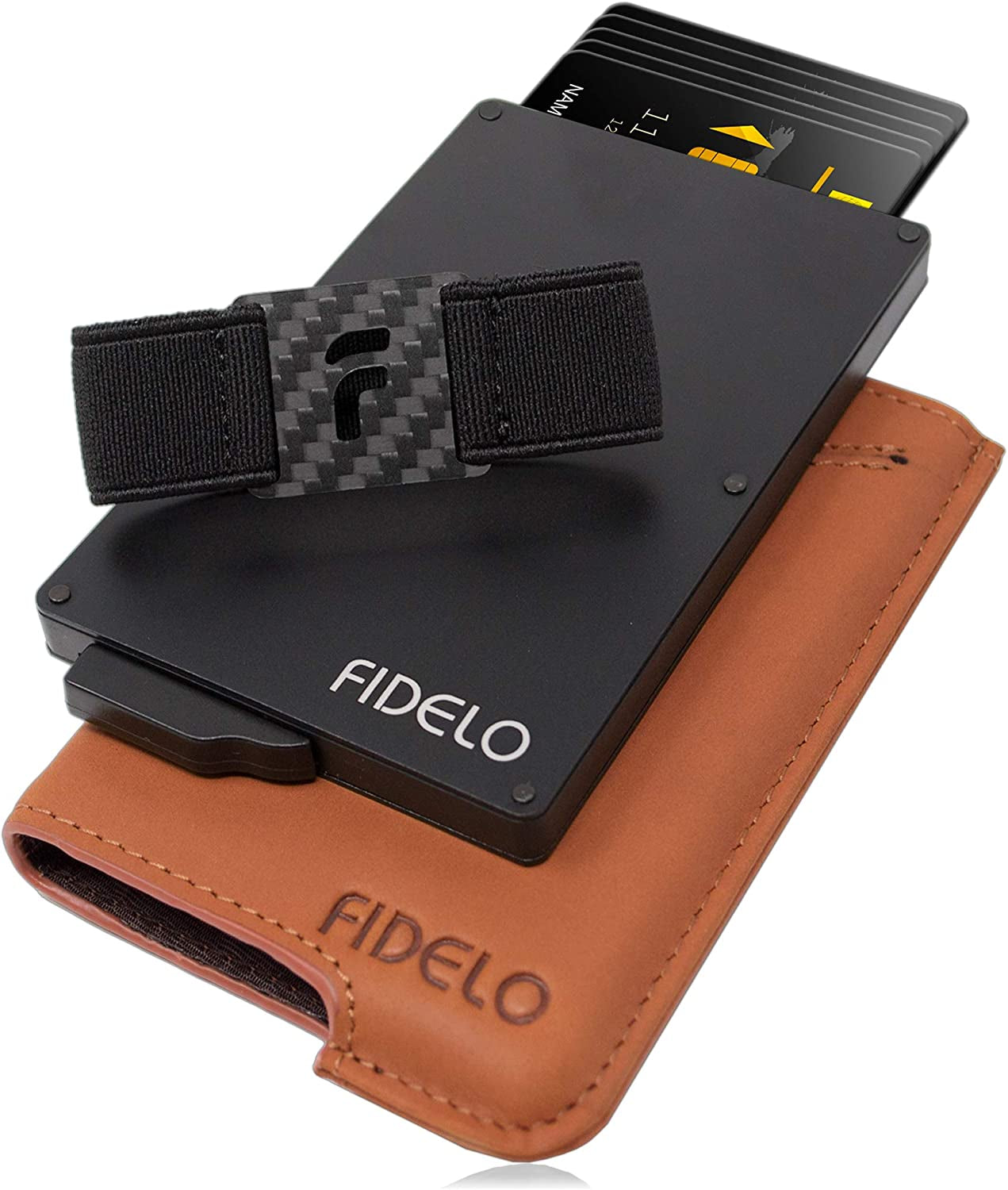 Fidelo Minimalist Wallet for Men - RFID Blocking Pop up Wallet Credit Card Holder, Slim Wallet Made of 6063 Aluminum and Clip Holder with a Removable Leather Case - Desert Tan (Camel)  FIDELO   