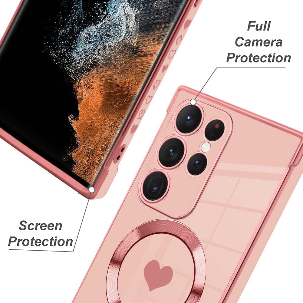 Fiyart Designed for Samsung Galaxy S22 Ultra Case Love Heart Design for Women Girls Soft TPU Plating Full Camera Lens Protection Phone Cover for Galaxy S22 Ultra 6.8"-Pink  Fiyart   