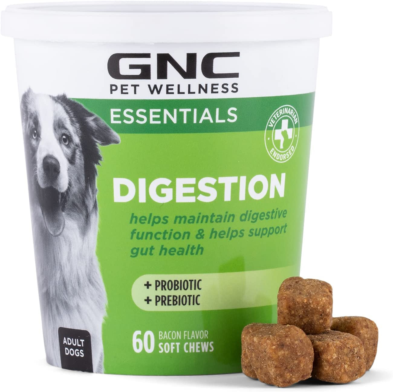 GNC for Pets Essentials Calming Soft Chew Dog Supplements | 60 Ct Chicken Flavor Dog Soft Chew Supplements for Calming and Relaxation | Adult Dog Calming Chews for Anxiety, White  Fetch for Pets Digestion  