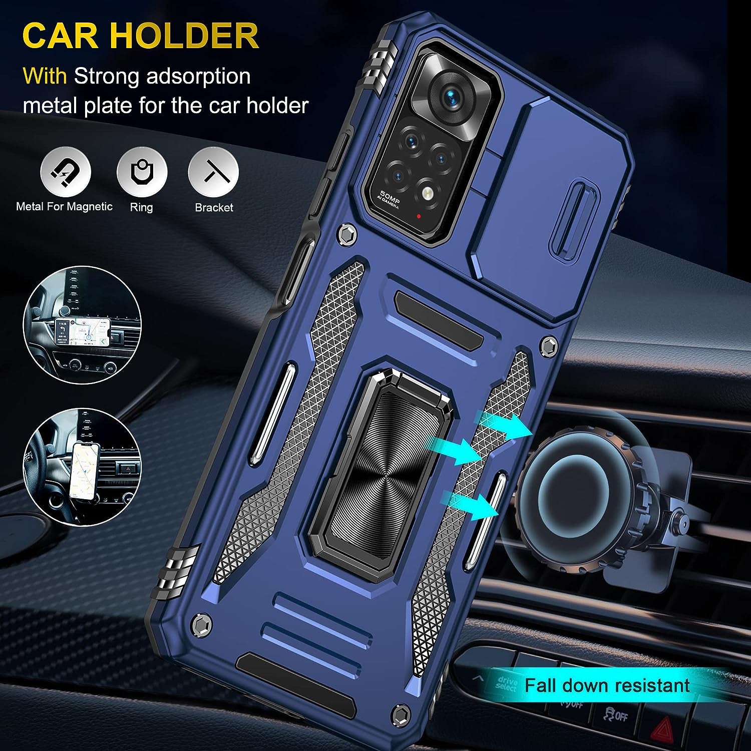 Wefor Xiaomi Redmi Note 11 (4G) Case with Slide Camera Cover, 360°Magnetic Ring Kickstand Upgraded Military Grade Shockproof Case with Magnetic Car Mount Holder (Navy Blue)  Wefor   