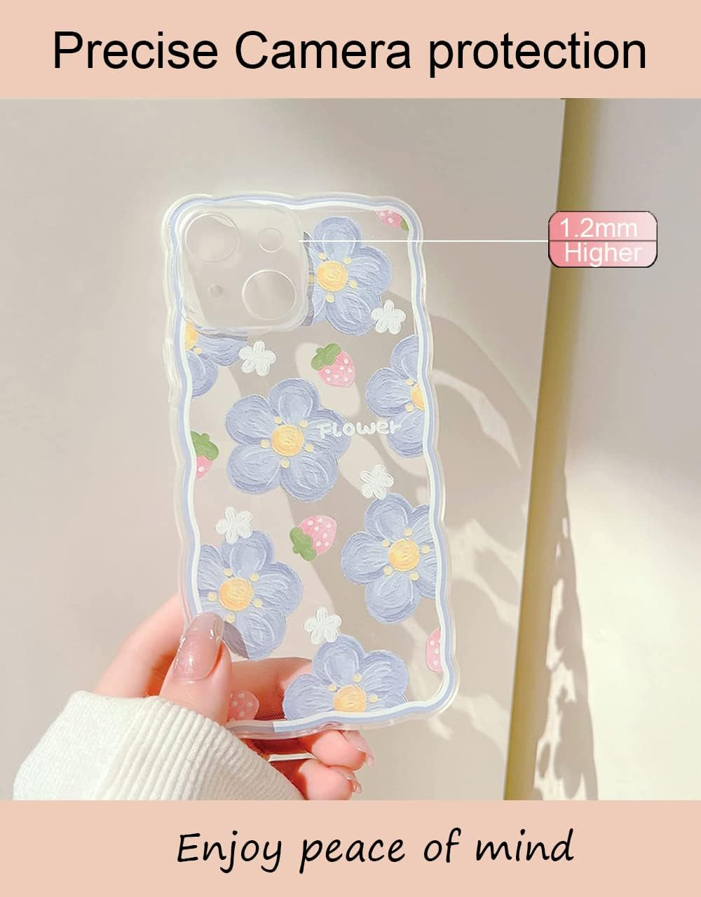 GUSDBSW Cute Iphone 14 plus Case for Women Girls, Lovely Floral Strawberry Pattern Wave Comfortable Grip Design for Girly, Slim Thin Soft Flexible TPU Clear Protective Phone Case - Blueberry Flower  GUSDBSW   