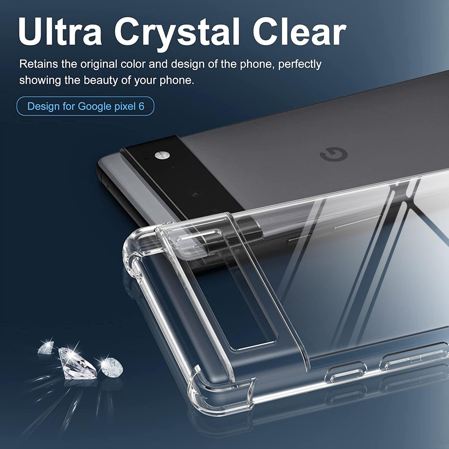 KIOMY Google Pixel 6 5G Case Diamond Clear with Hybrid anti Yellow Design Hard PC Back Shell with TPU Raised Bezel Shockproof Bumper Protective Ultra Transparent Slim Fit and Thin Cell Phone Cover  KIOMY   