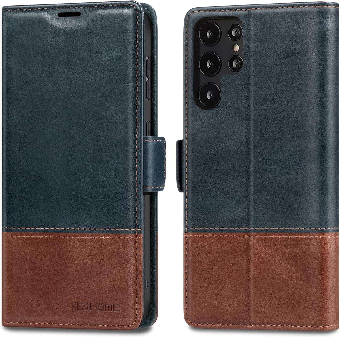 Kezihome Galaxy S22 Ultra Case, Genuine Leather [RFID Blocking] Samsung S22 Ultra 5G Wallet Case Card Slot Flip Magnetic Stand Phone Cover Compatible with Samsung Galaxy S22 Ultra (2022) (Gray/Brown)  Shenzhen Jiemeisi Tchnology Co.,LTD Navy Blue/Brown  